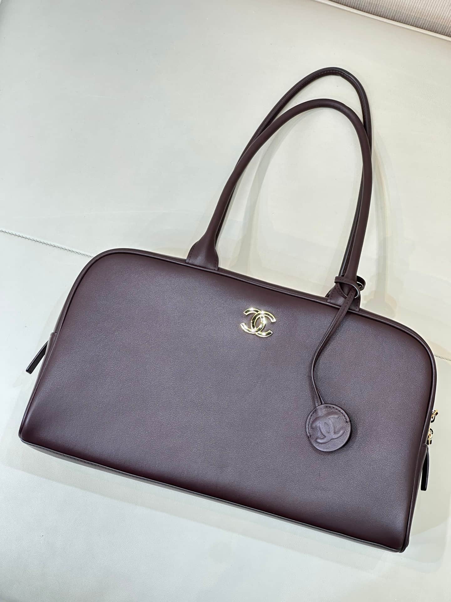 Chanel Large Bowling Bag Calfskin & Gold-Tone Metal Claret AS6211 TOP