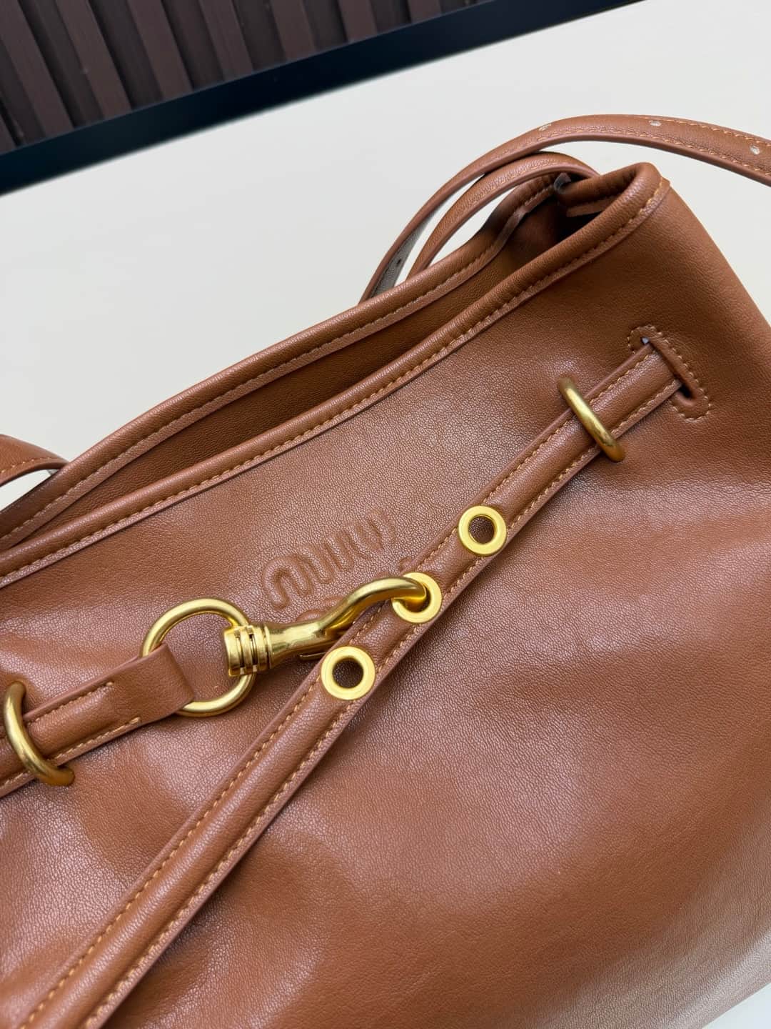 Miu Miu Aventure Calfskin Leather Bucket Bag Brown High