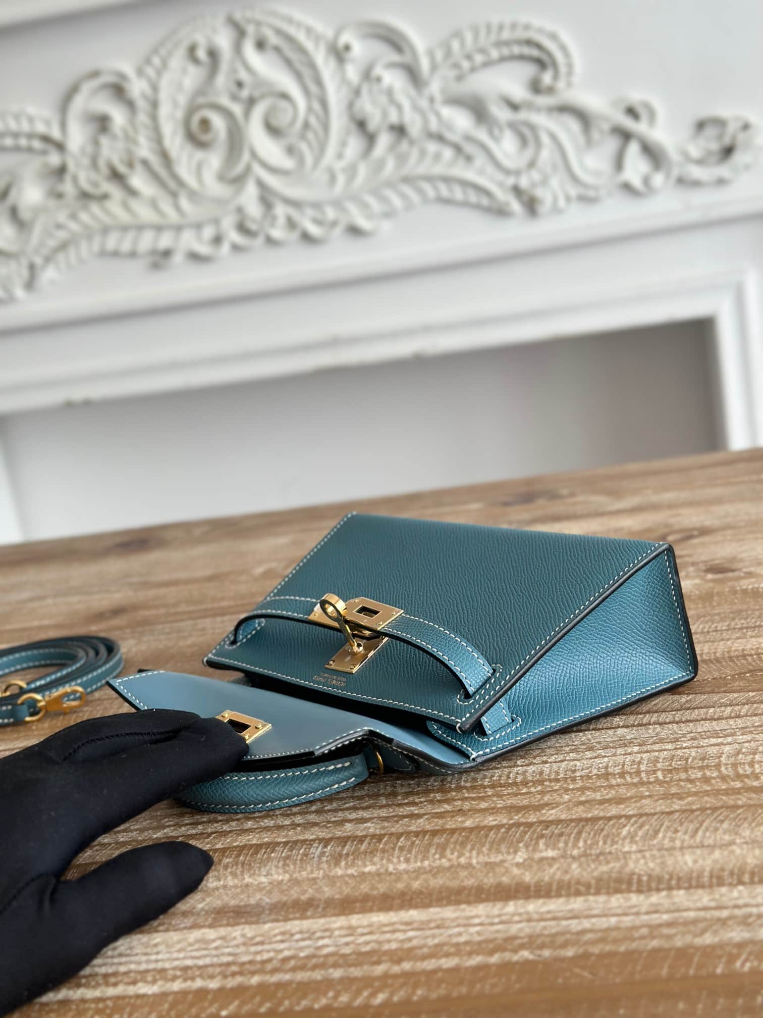 Hermes Kelly Mini II Bag Epsom Leather WAX Bleu Jean High