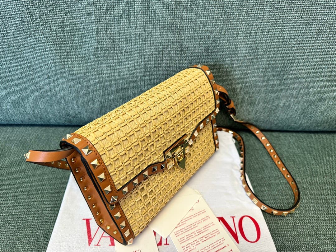 Valentino Garavani Small Rockstud Raffia Shoulder Bag Beige High