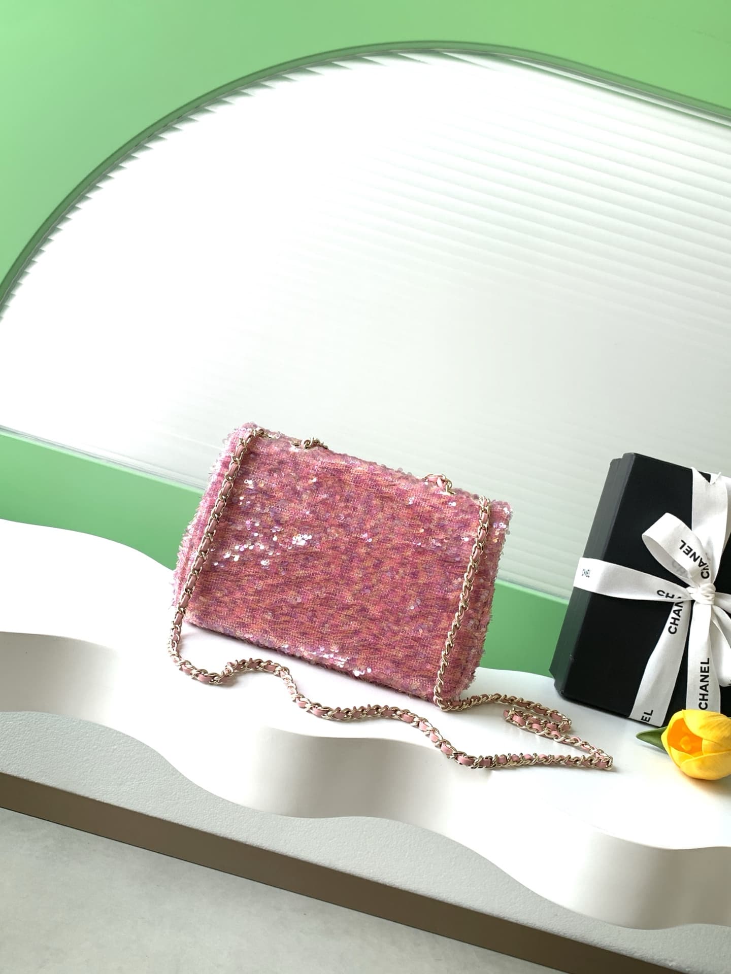 Chanel Flap Bag Sequins & Gold-Tone Metal Pink AS4561  A