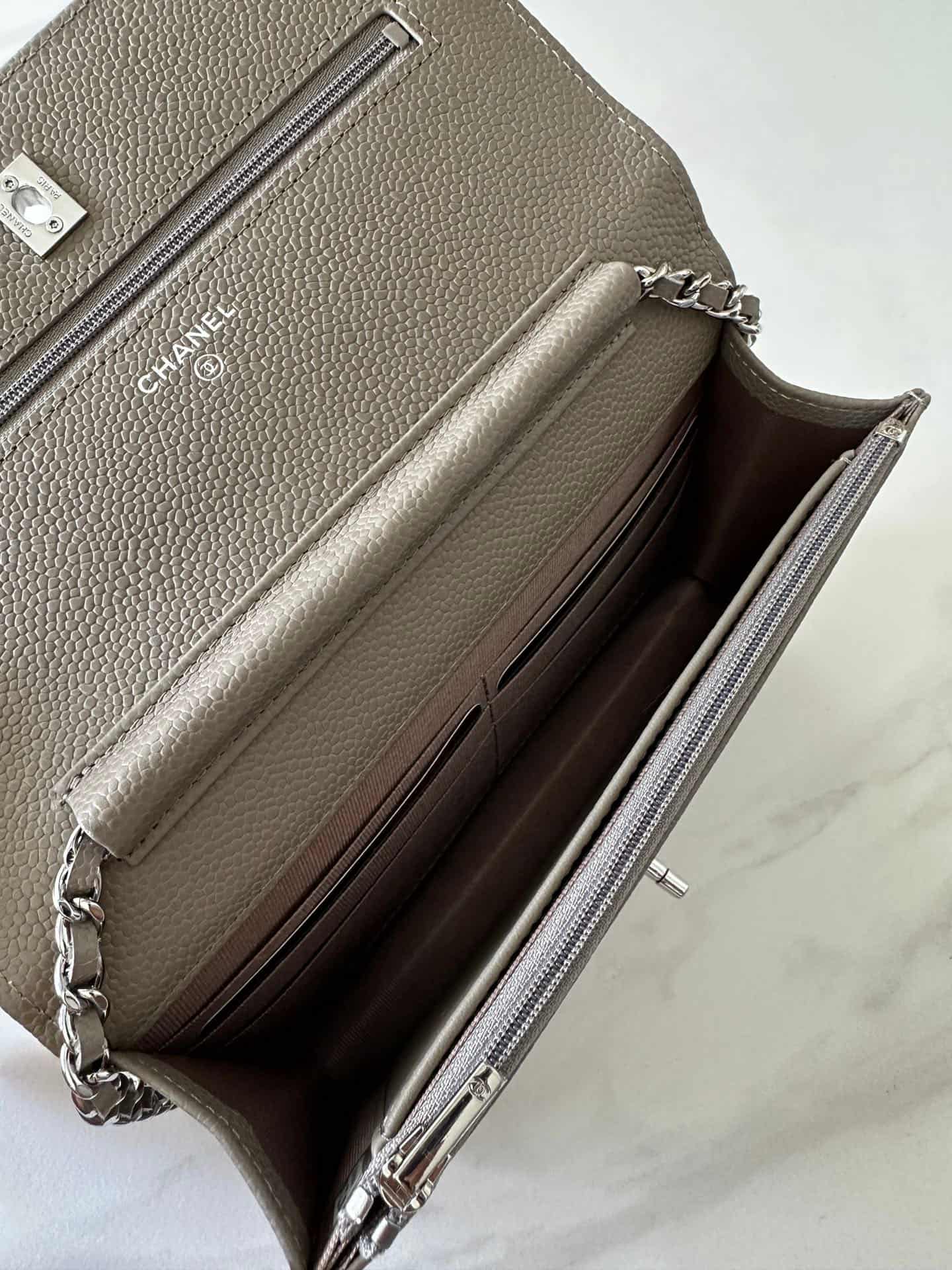 Chanel Classic Wallet on Chain Grained Shiny Calfskin & Silver-Tone Metal AP4241 Grey High