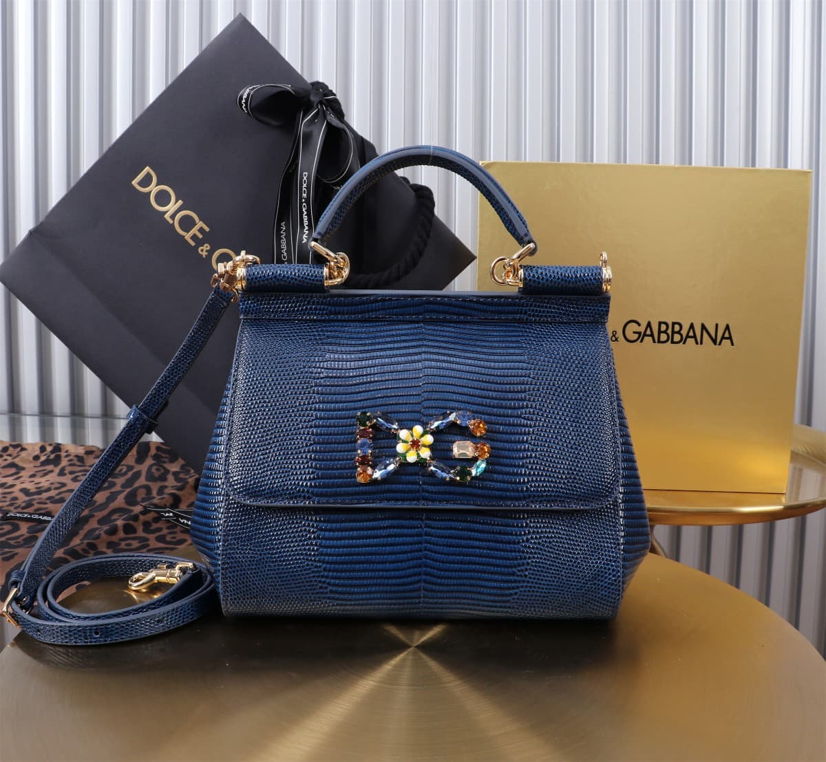 Sicily Handbag 20cm in Iguana Print Calfskin and Crystal DG Logo Patch High