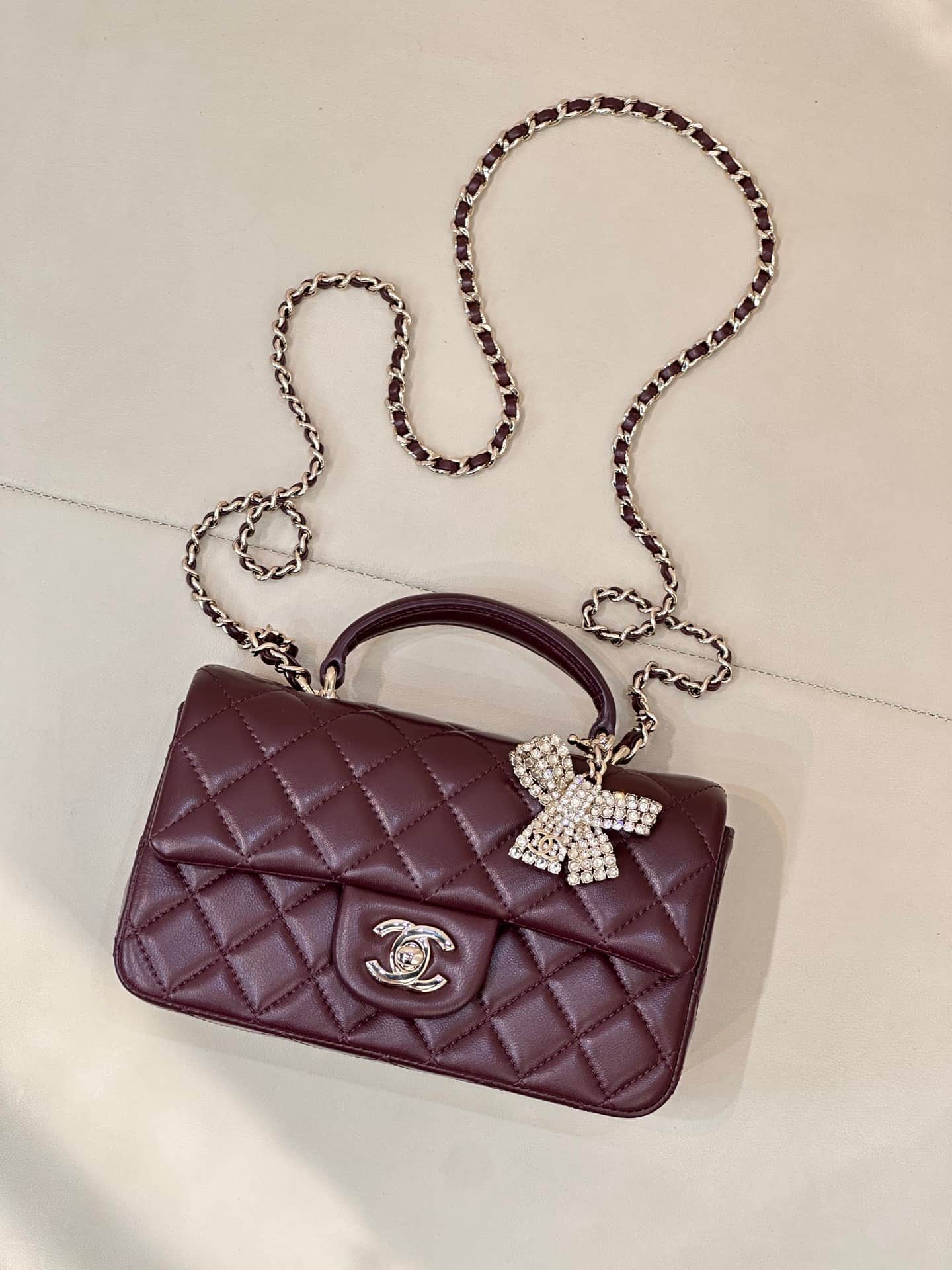 Chanel Mini Classic Handbag Lambskin Strass & Gold-Tone Metal AS2431 Burgundy TOP