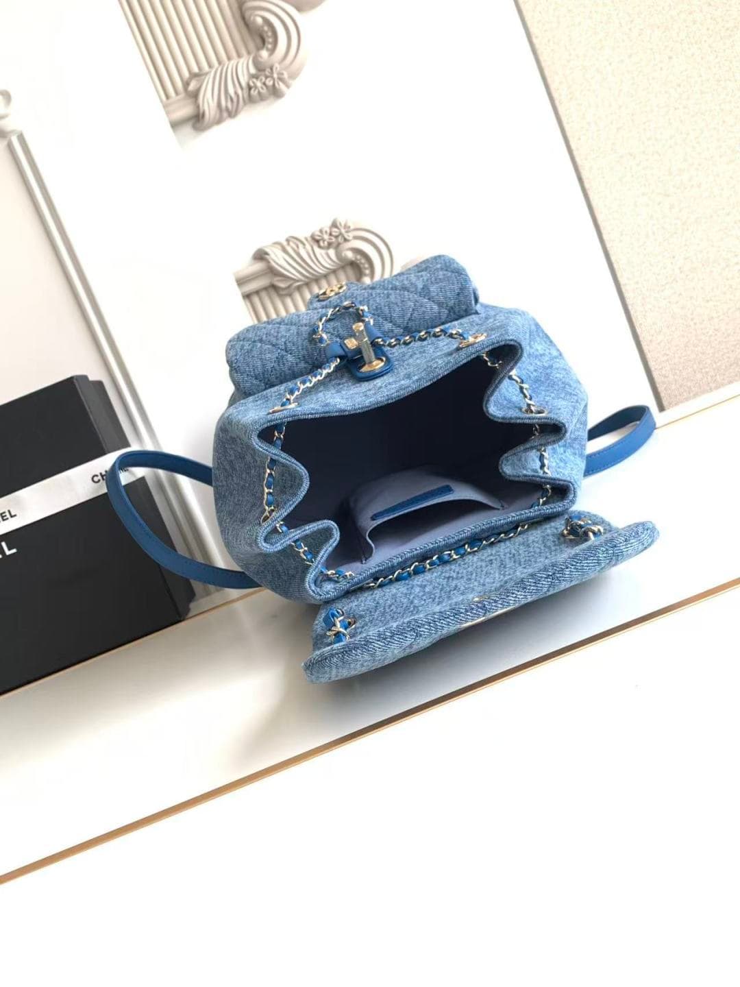 Chanel Large Backpack Washed Denim & Gold-Tone Metal Blue AS3618 A