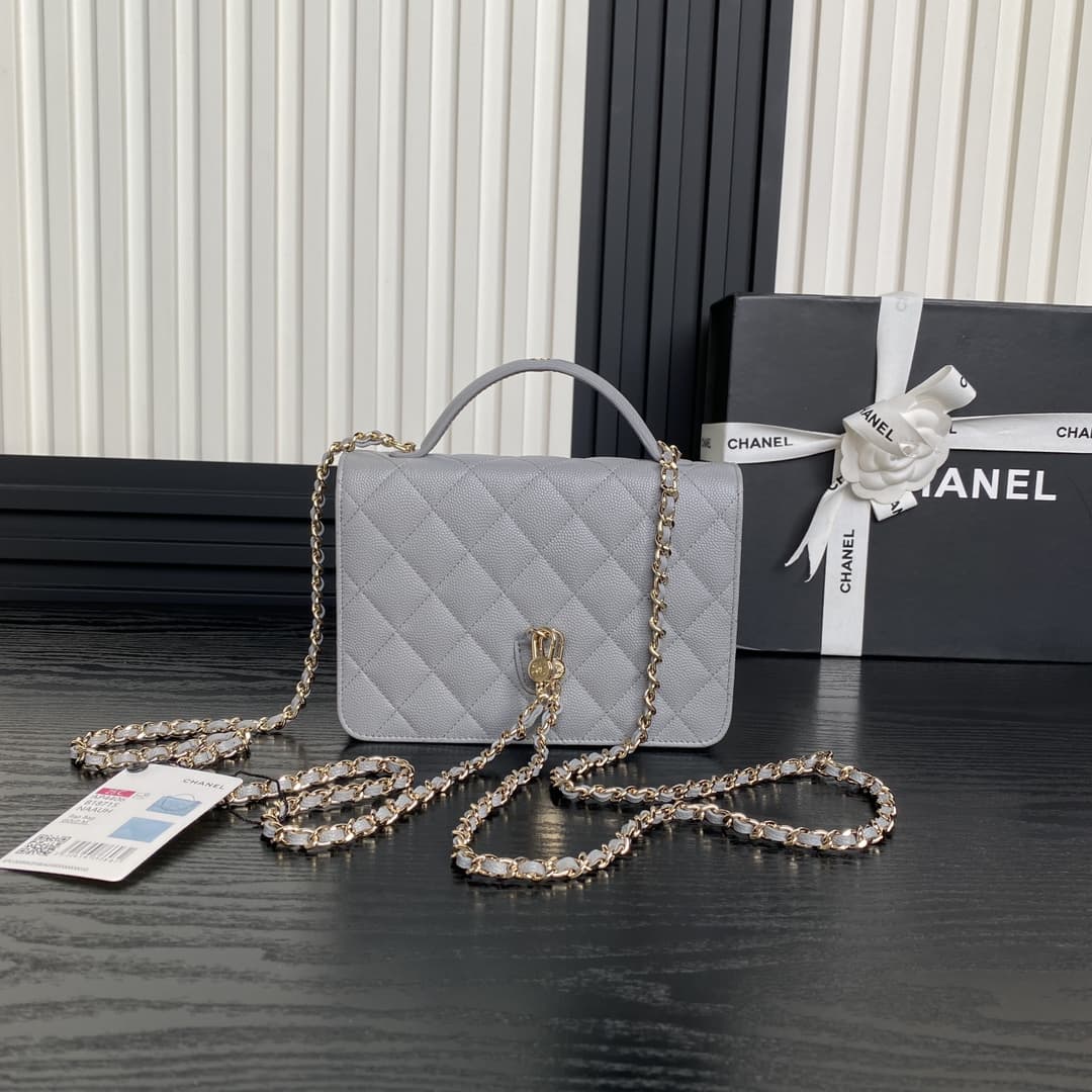 Chanel Mini Flap Clutch with Chain AP4406 Grained Calfskin & Gold-Tone Metal Grey A