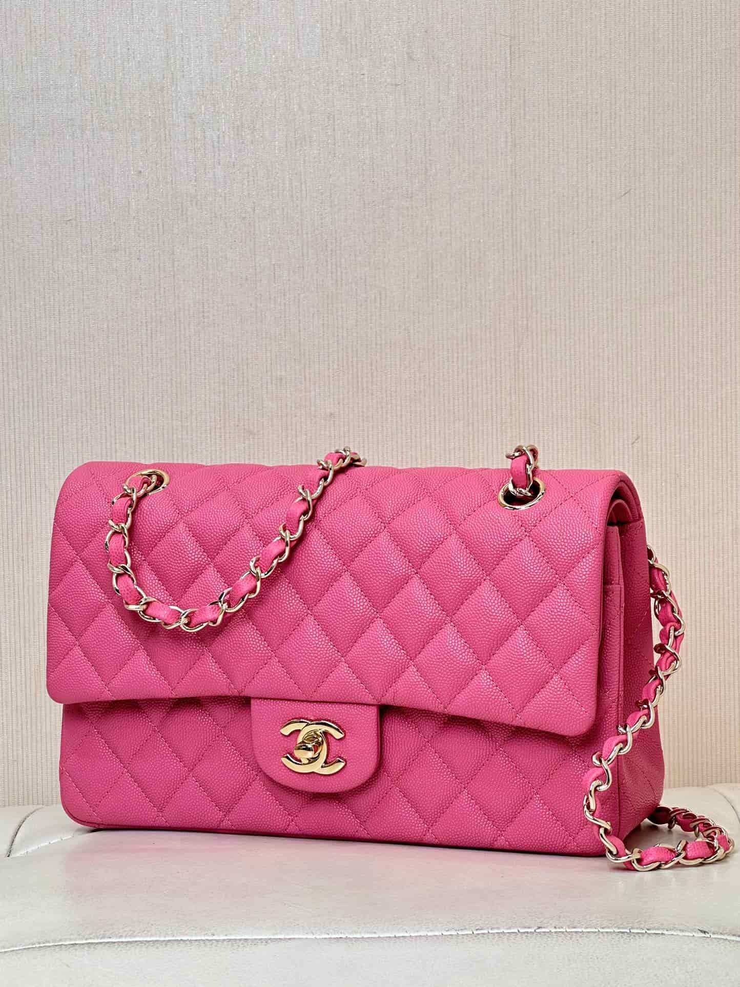 Chanel Medium CLASSIC HANDBAG Grained  Calfskin & Gold-Tone Metal Peach TOP