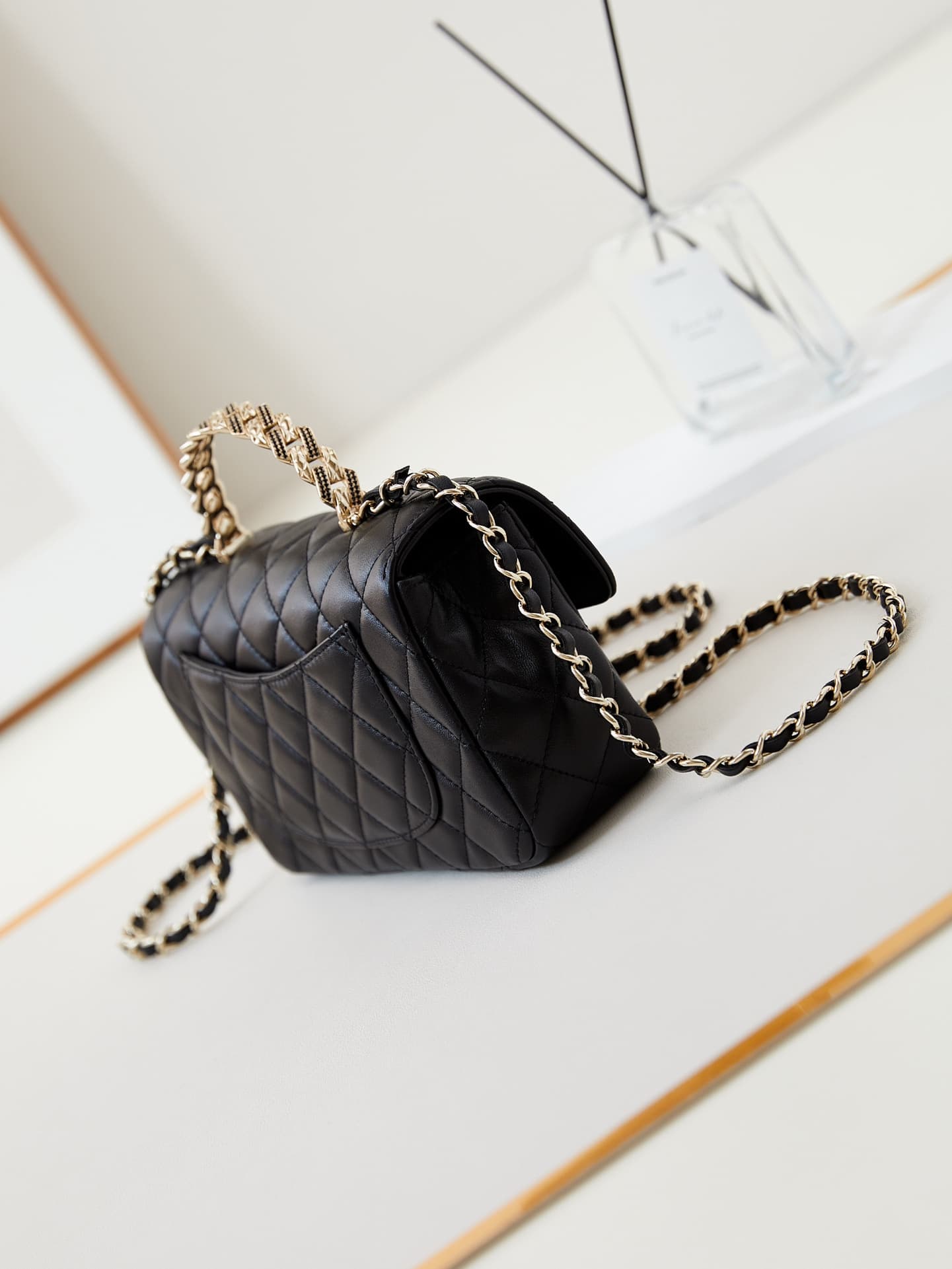 Chanel Mini Flap Bag with Top Handle Lambskin& Gold-Tone Metal Black AS4924 A