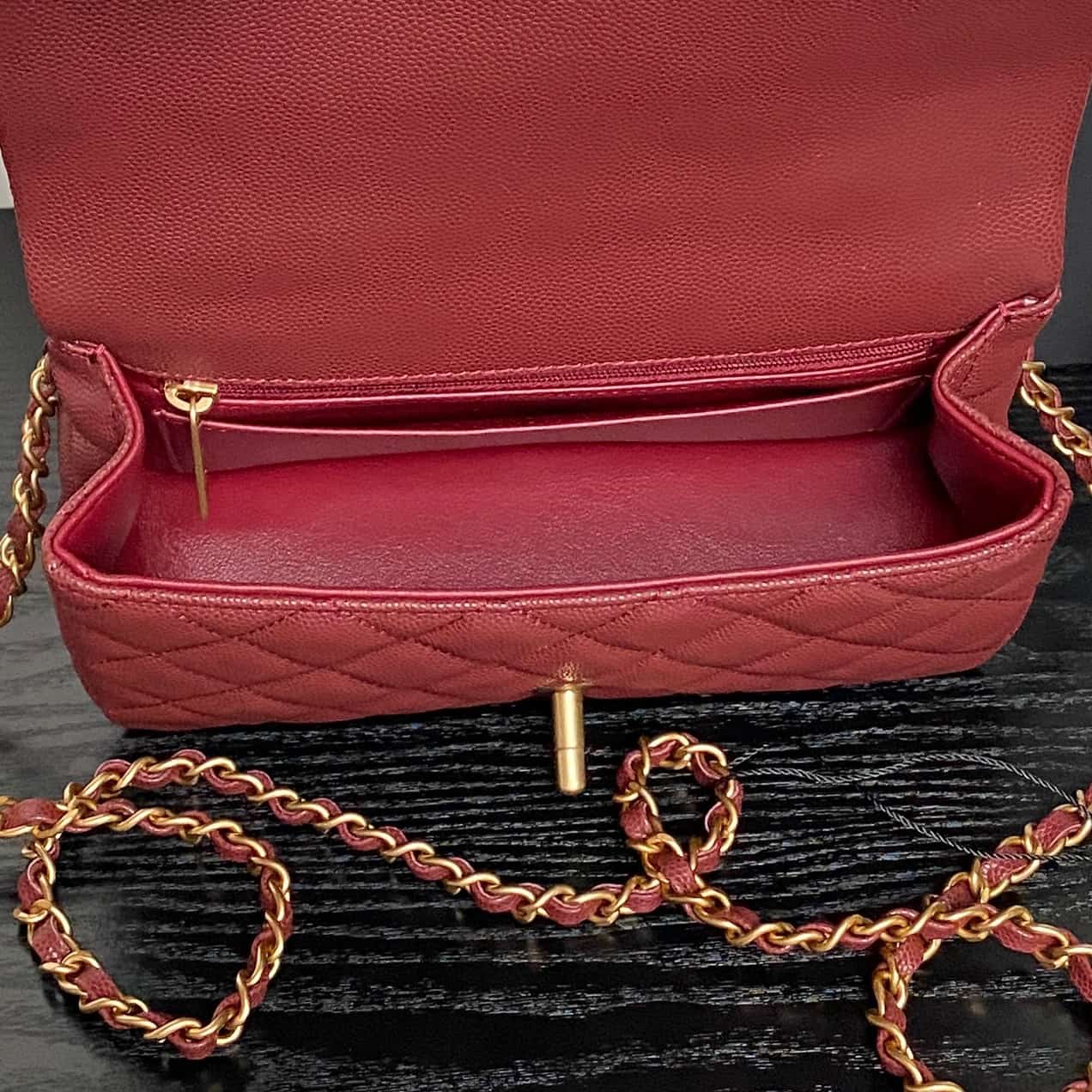 Chanel Mini Flap Bag with Top Handle Grained Shiny Calfskin & Gold-Tone Metal Claret AS5701 A