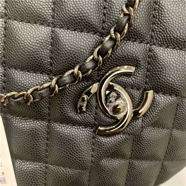 Medium FLAP BAG WITH TOP HANDLE Grained Calfskin Black Pewter-Tone Metal High