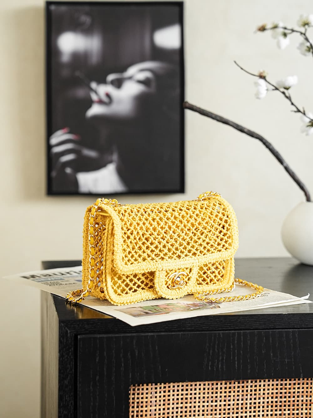 CHANEL Coco Beach Flap Bag Mesh, Strass & Gold-Tone Metal AS6156 Yellow A