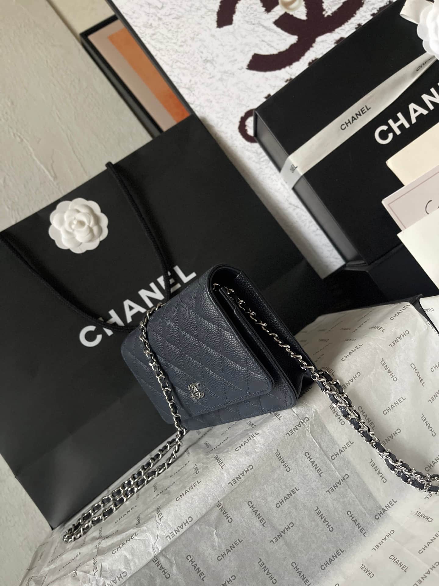Chanel Classic Wallet on Chain Grained Shiny Calfskin & Silver-Tone Metal AP4241 Dark Blue A