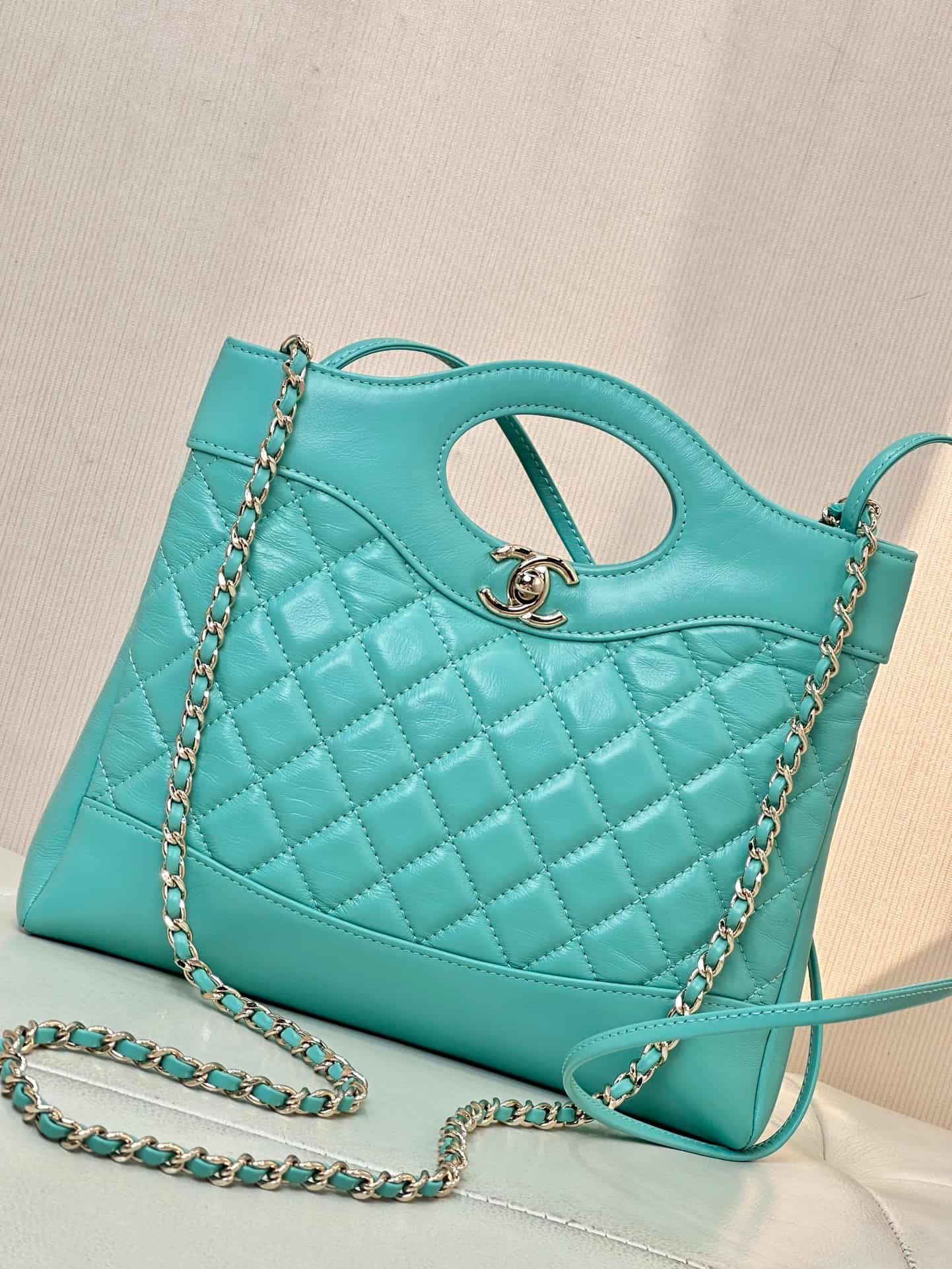CHANEL 31 Mini Shopping Bag Shiny Calfskin & Gold-Tone Metal AS4133 Blue TOP