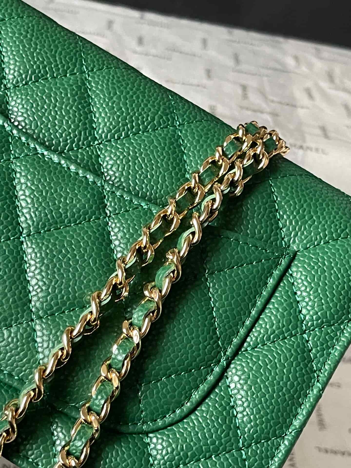 Chanel Classic Wallet on Chain Grained Shiny Calfskin & Gold-Tone Metal AP4241 Green A