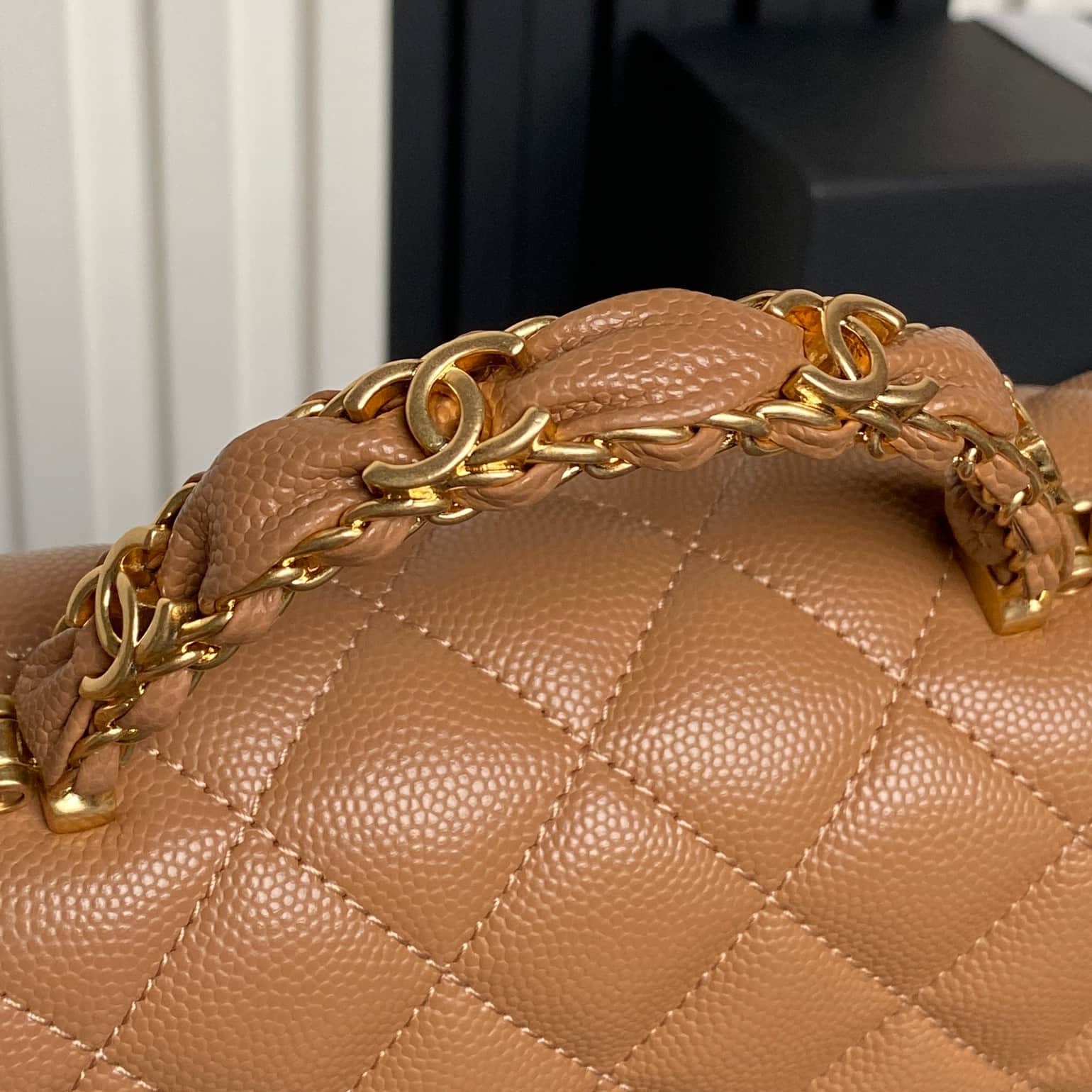 Chanel Mini Flap Bag with Top Handle Grained Shiny Calfskin & Gold-Tone Metal Caramel AS5701 A