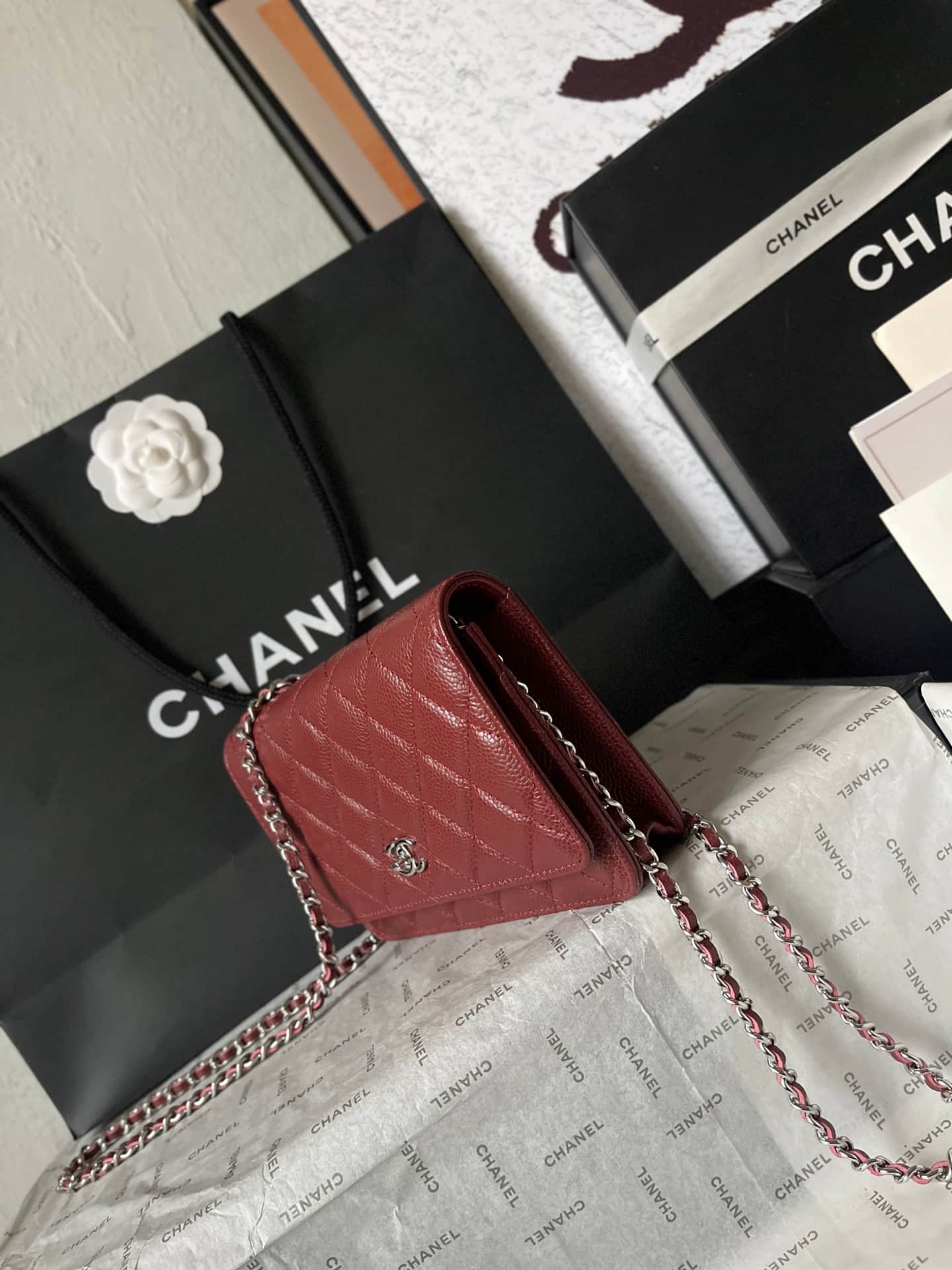 Chanel Classic Wallet on Chain Grained Shiny Calfskin & Silver-Tone Metal AP4241 Dark Brown A