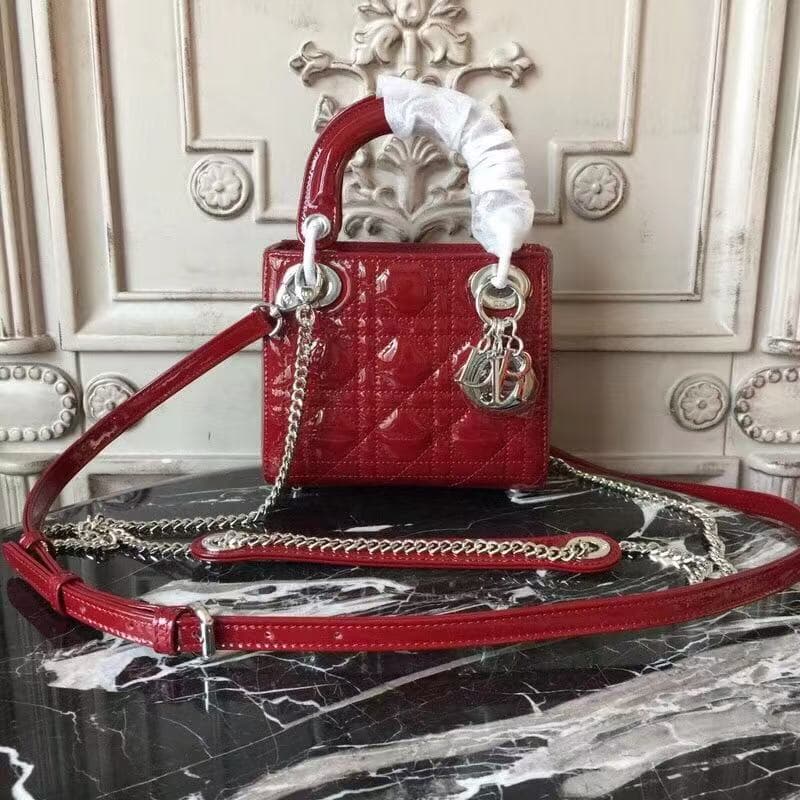 MINI LADY Dior BAG Patent Cannage Calfskin Silver Metal Red High