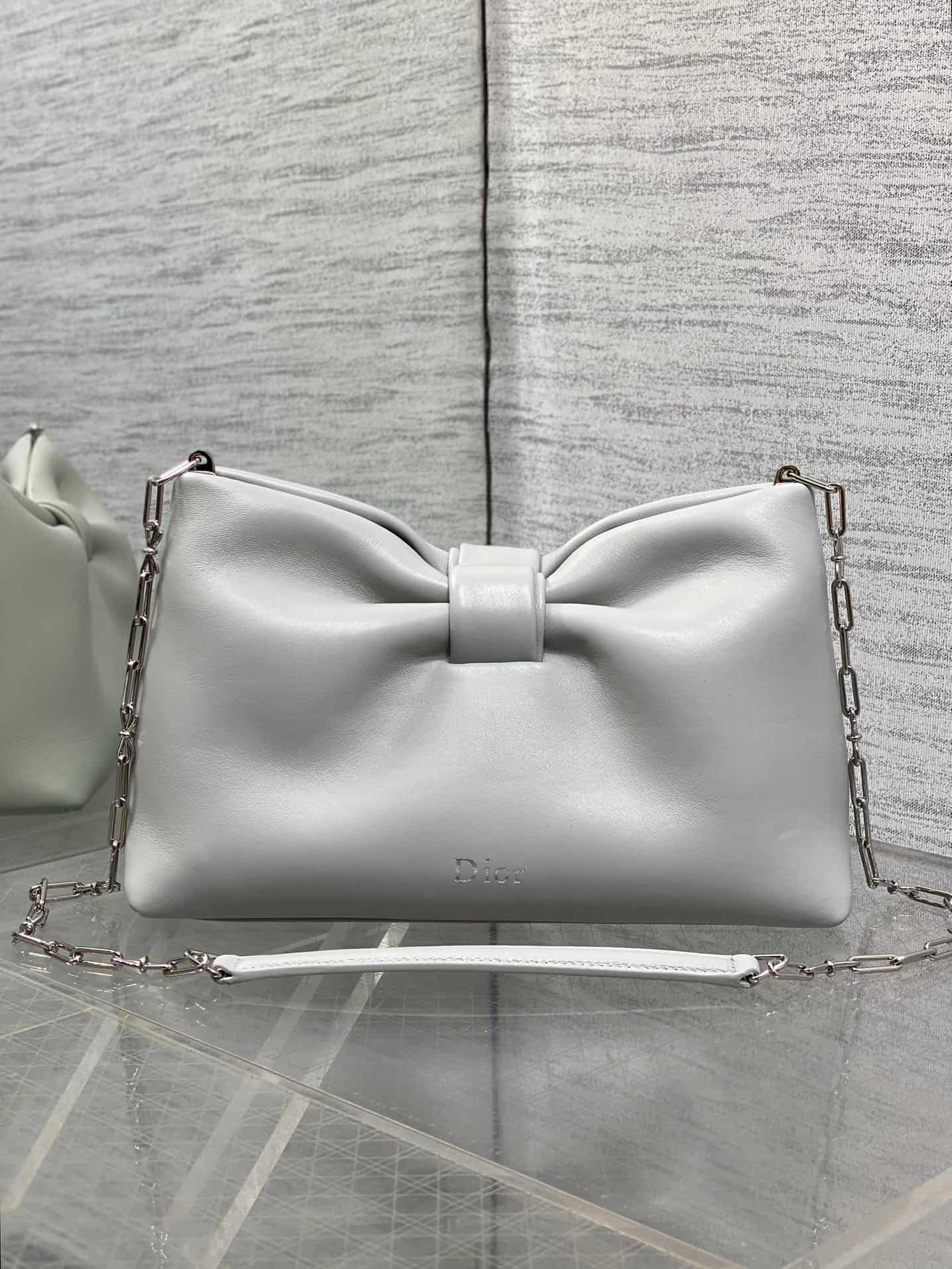 Small Dior Bow Bag Light Grey Leather High