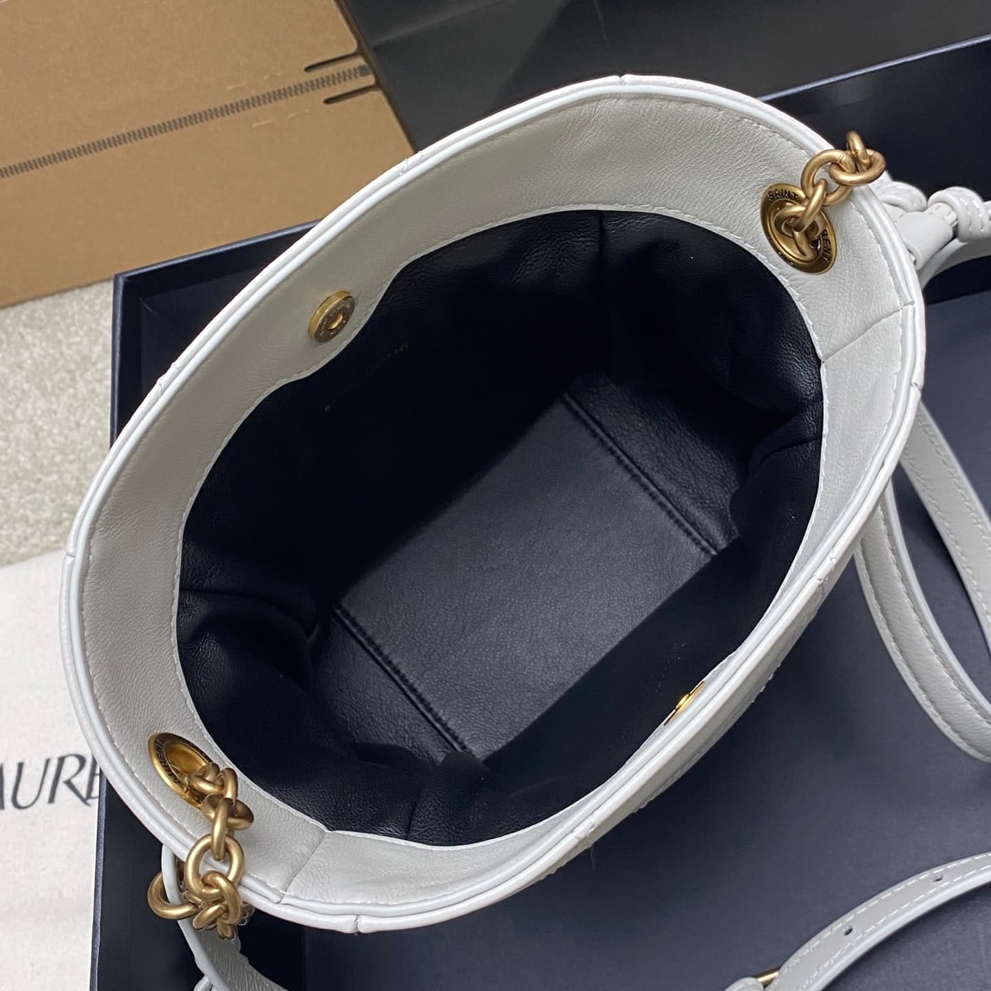 Saint Laurent Jamie Mini Leather Bucket Bag White Lambskin 859174 High