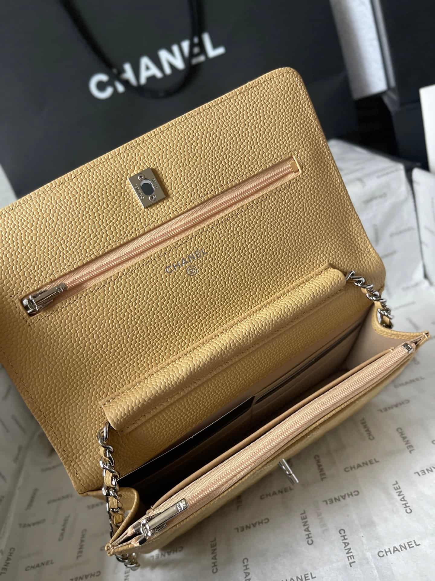Chanel Classic Wallet on Chain Grained Shiny Calfskin & Silver-Tone Metal AP4241 Beige A