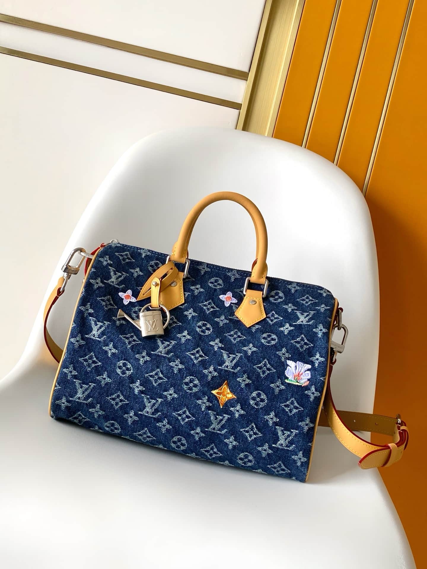 Louis Vuitton Speedy 30 Bandoulière Blue Monogram Flowers Denim M27556 High