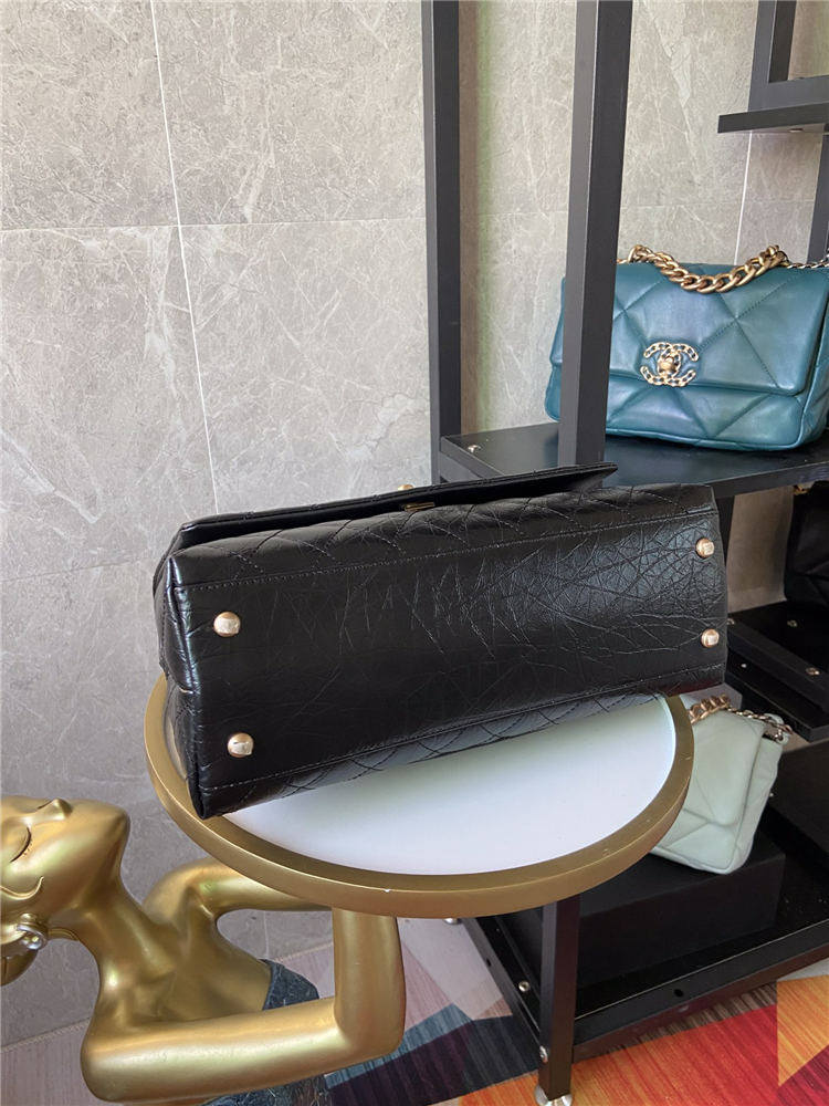 Medium FLAP BAG WITH TOP HANDLE Shiny Calfskin Black Gold Metal High