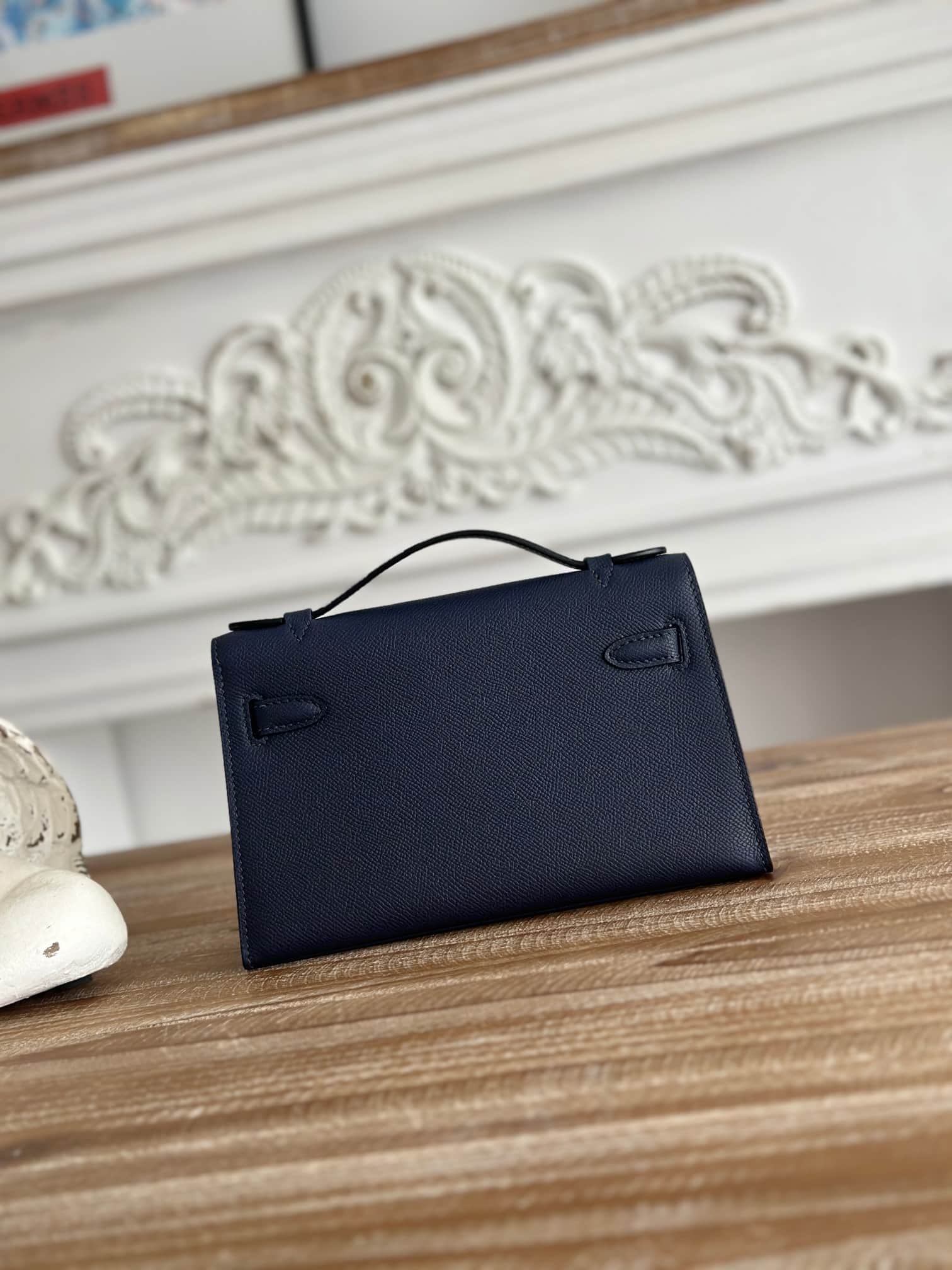 Hermes Kelly Pochette Bag Epsom Leather Silver/Gold Metal Bleu Saphir WAX High