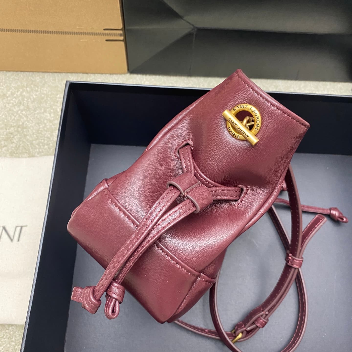 Saint Laurent Jamie Mini Leather Bucket Bag Burgundy Lambskin 859174 High