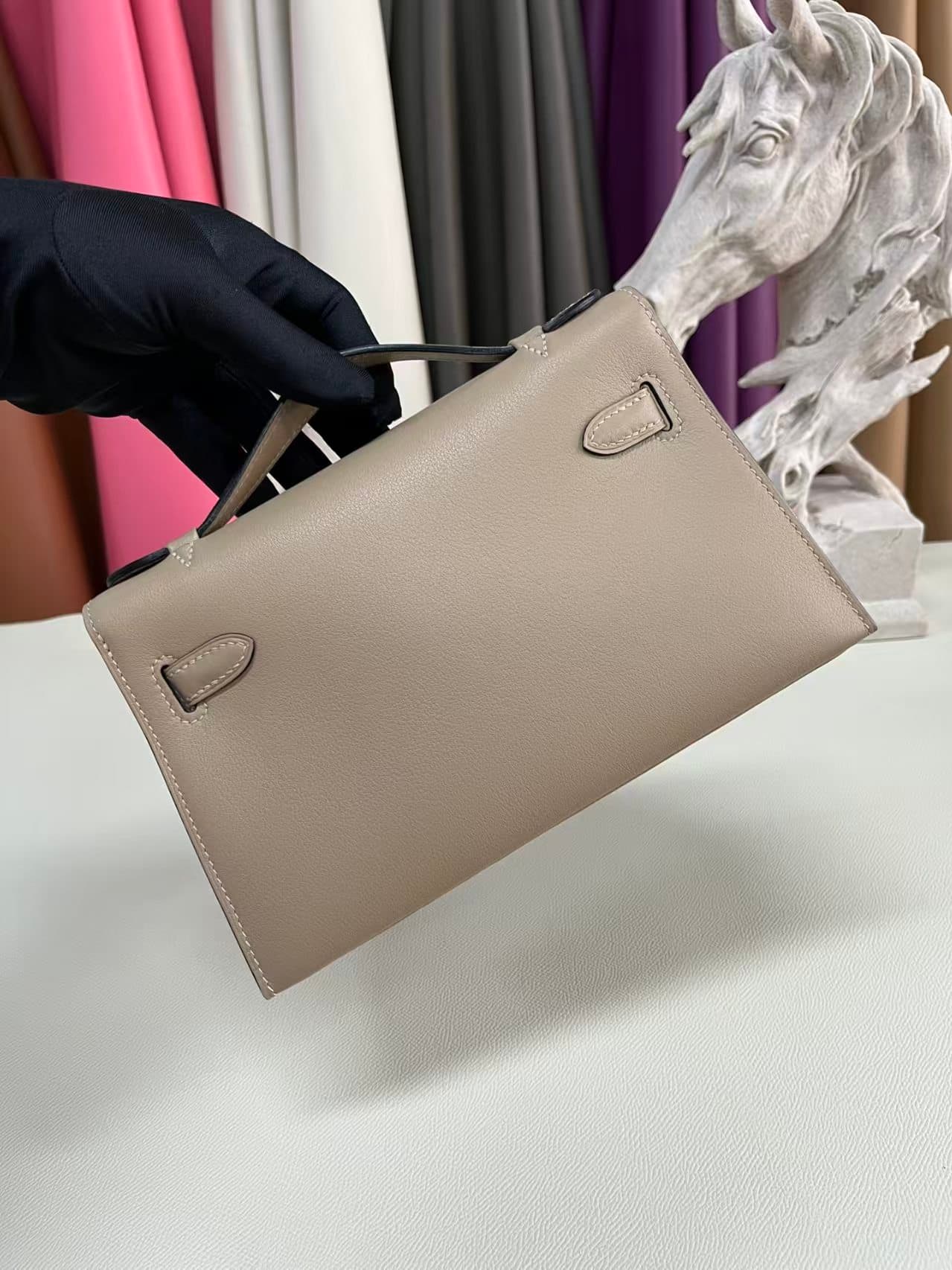 Hermes Kelly Pochette Bag Swift Leather Silver/Gold Metal WAX High