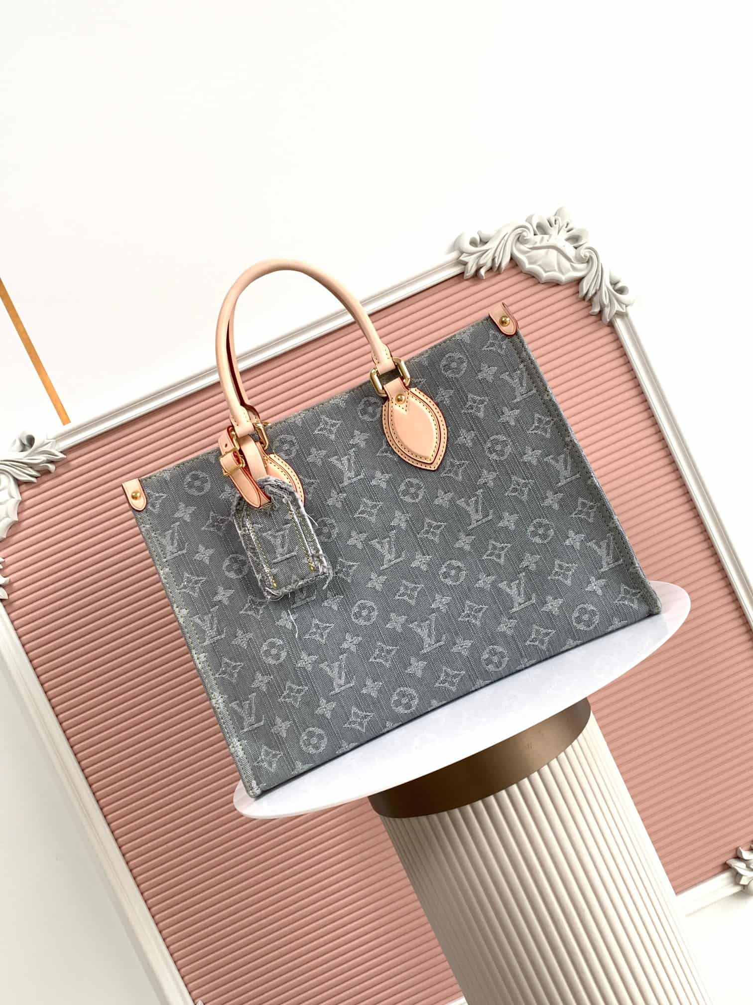 Louis Vuitton OnTheGo Handbag Monogram Washed Gray Denim M46871 High