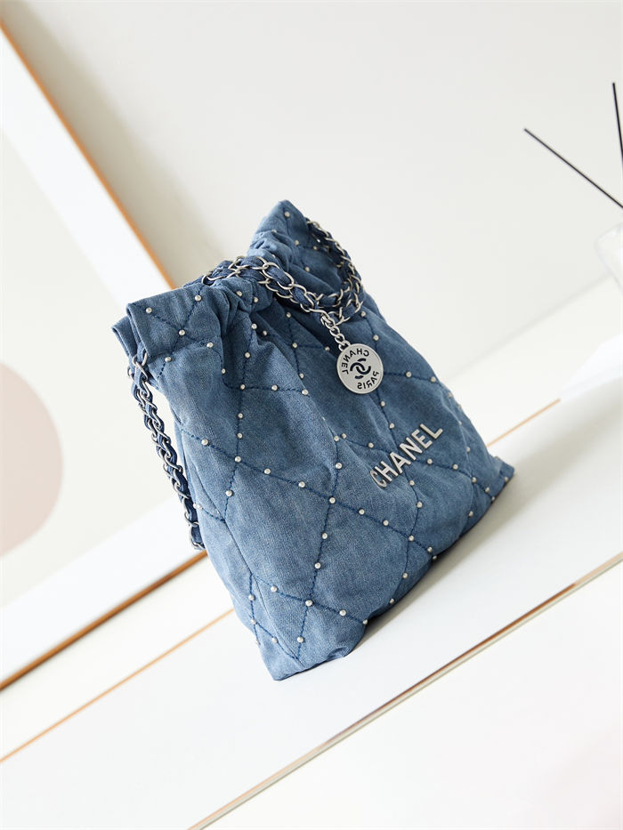 Chanel 22 SMALL HANDBAG Denim & Silver-Tone Metal AS3260 Blue A