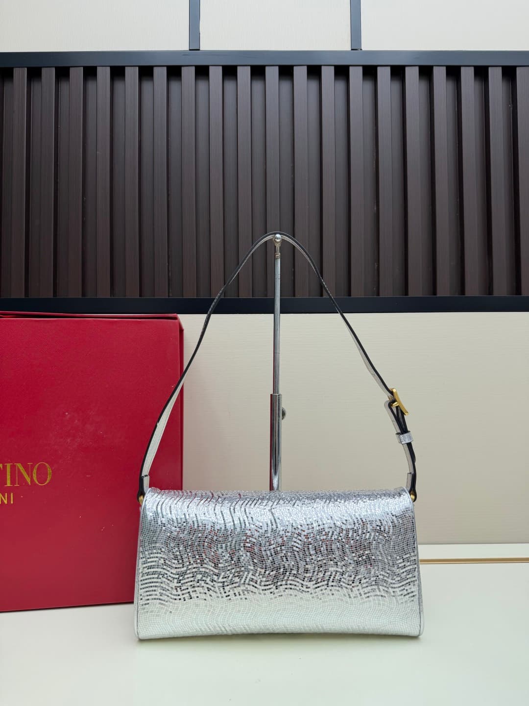 Valentino Garavani Devain Small Nappa Sequins Shoulder Bag Silver High