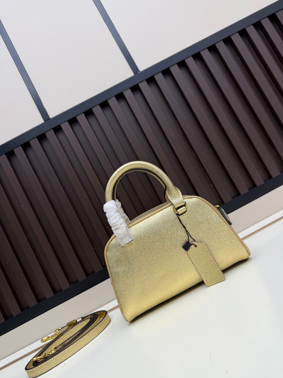 Valentino VLogo Signature Mini Bowling Bag in Grainy Calfskin Gold High
