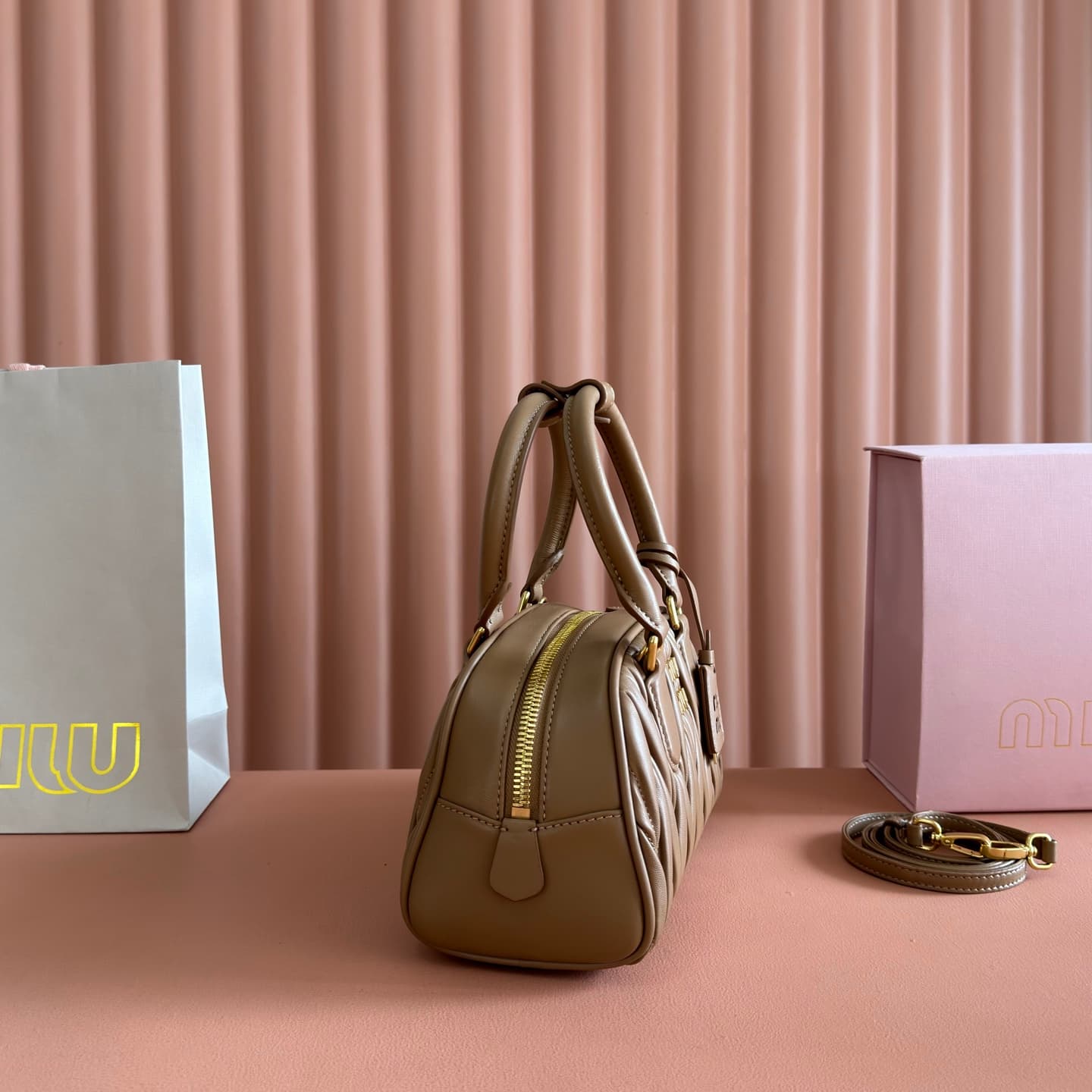 Miu Miu Arcadie Matelassé nappa leather bag Caramel 5BB191 TOP
