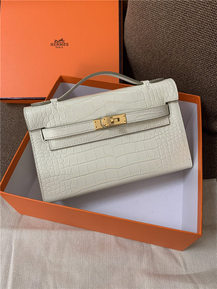 Hermes Kelly Pochette Bag Crocodile Silver/Gold Metal WAX High Customizing Style