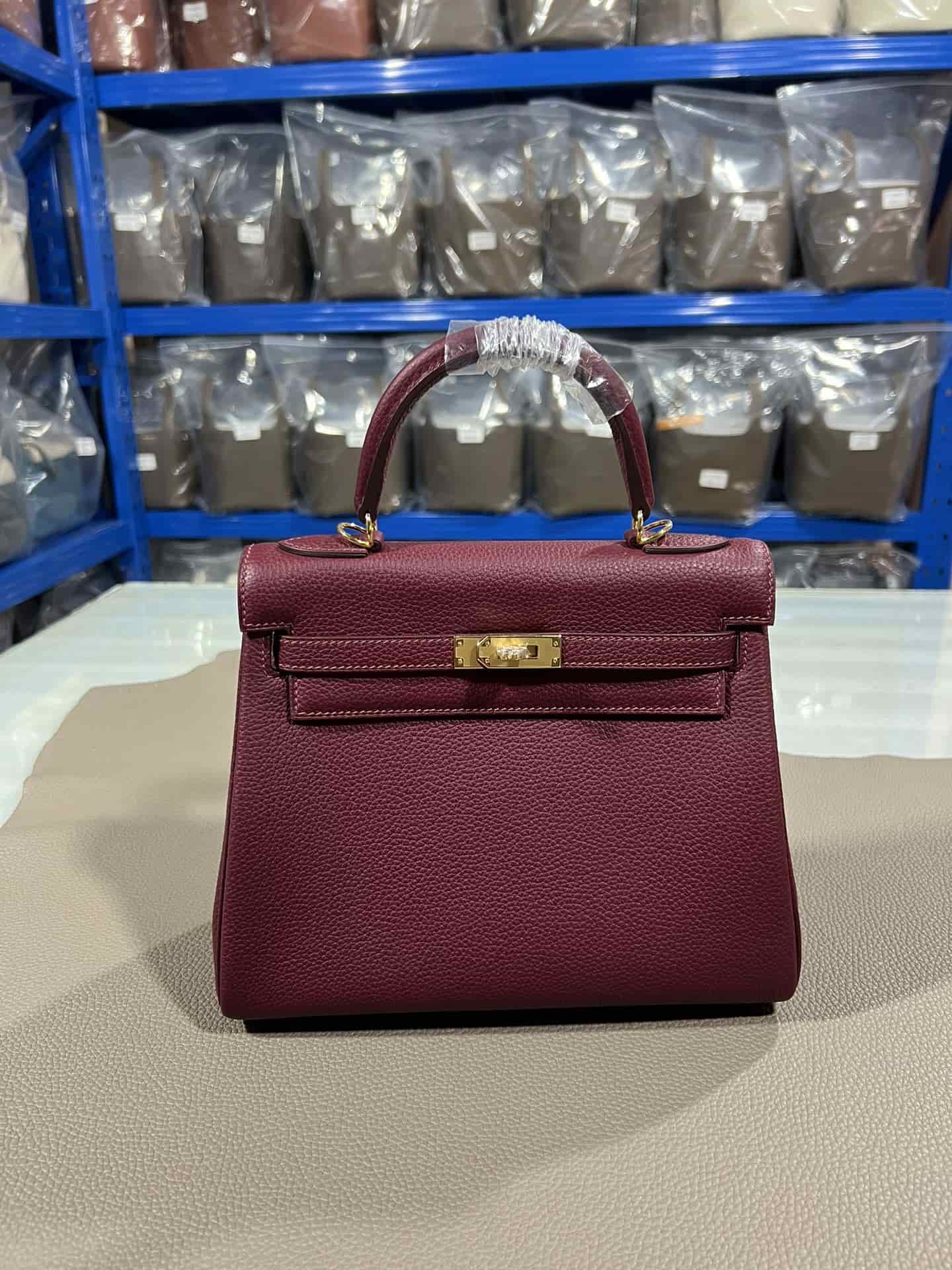 Hermes Kelly 25/28/32cm Retourne Bag Togo Leather In Bordeaux WAX High