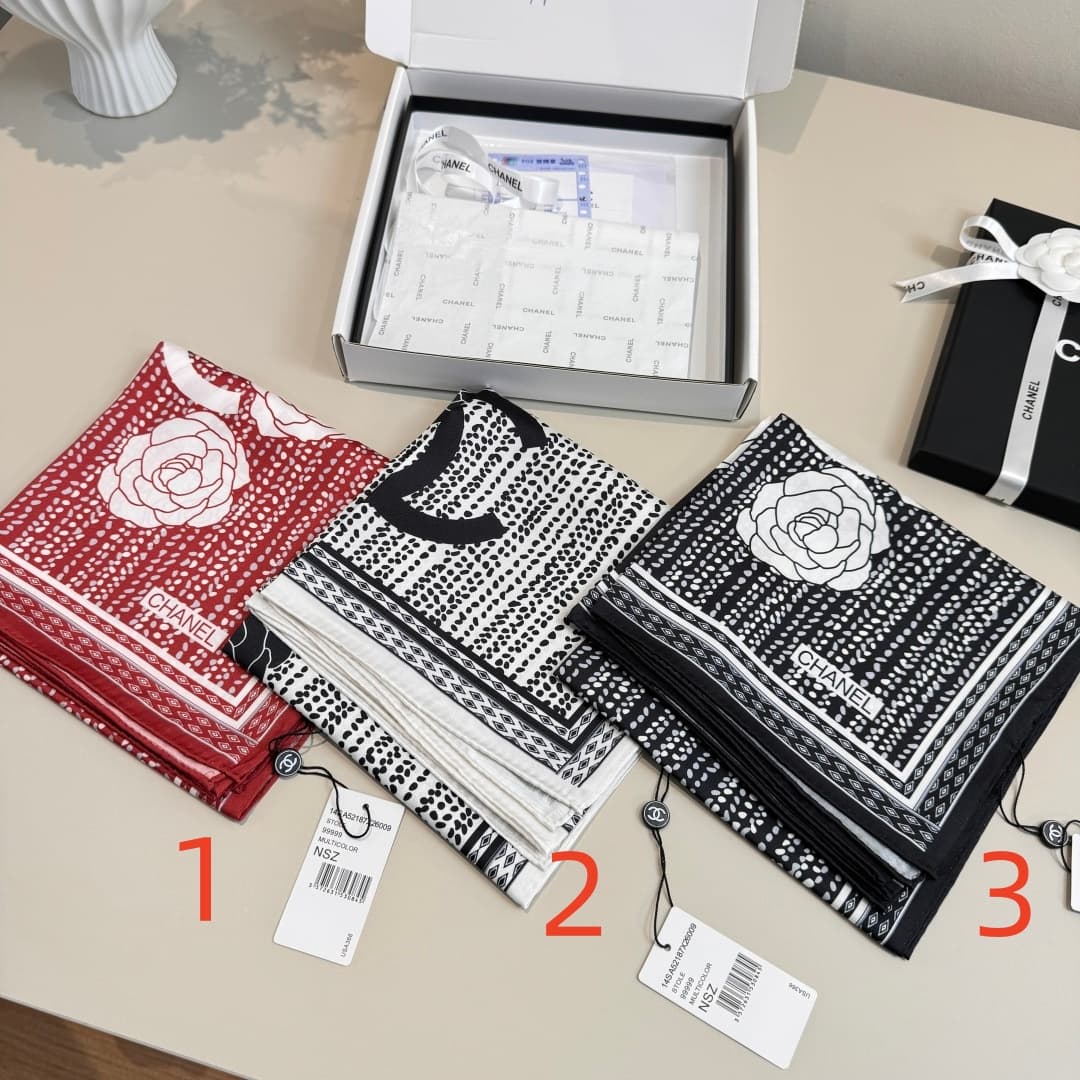 Chanel Camellia Flower Print Silk Square Scarf