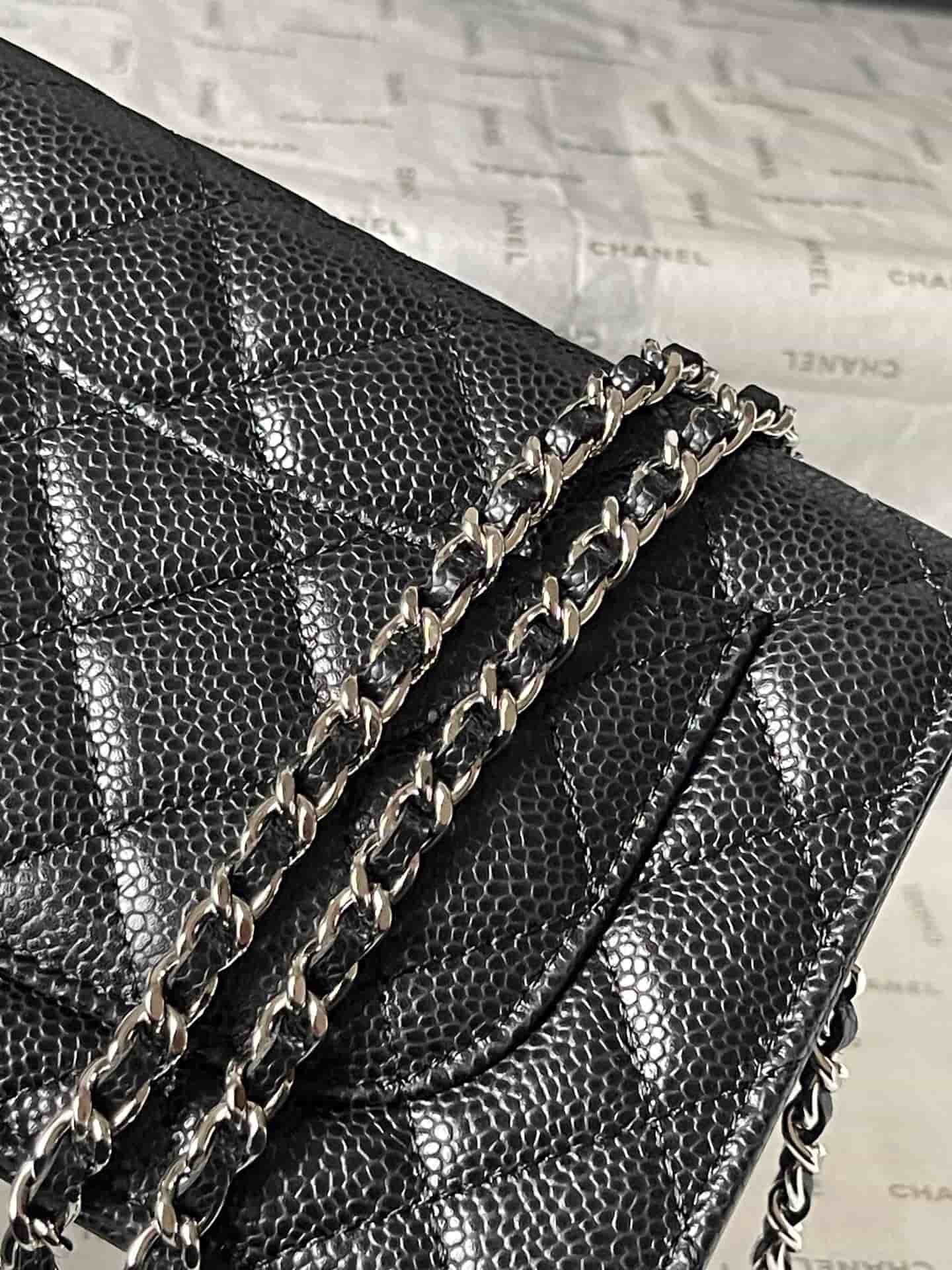 Chanel Classic Wallet on Chain Grained Shiny Calfskin & Silver-Tone Metal AP4241 Black A