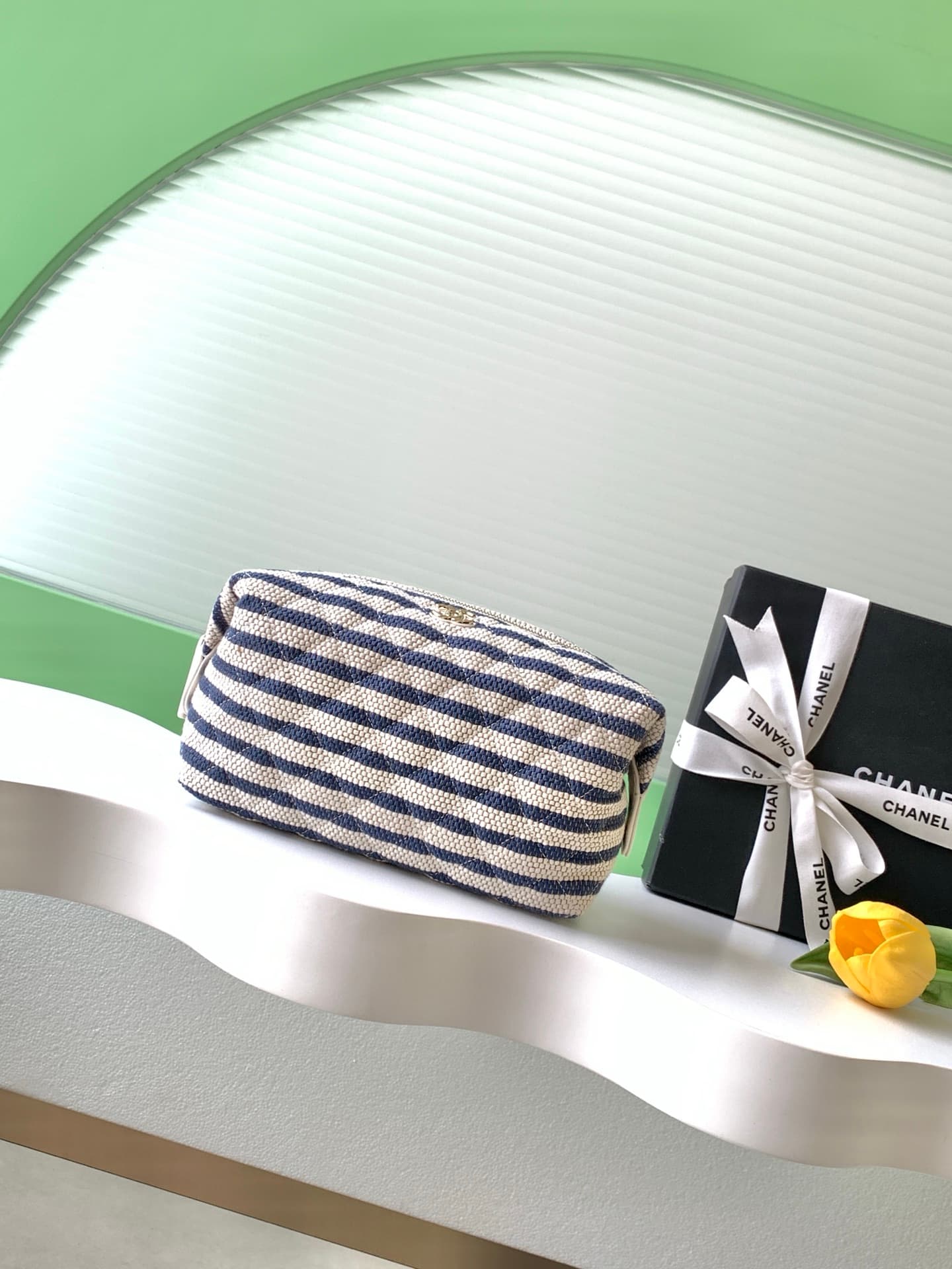 CHANEL Stripe Cosmetic Pouch Bag Printed fabric & Gold-Tone Metal Beige & Light Blue AP4990 A
