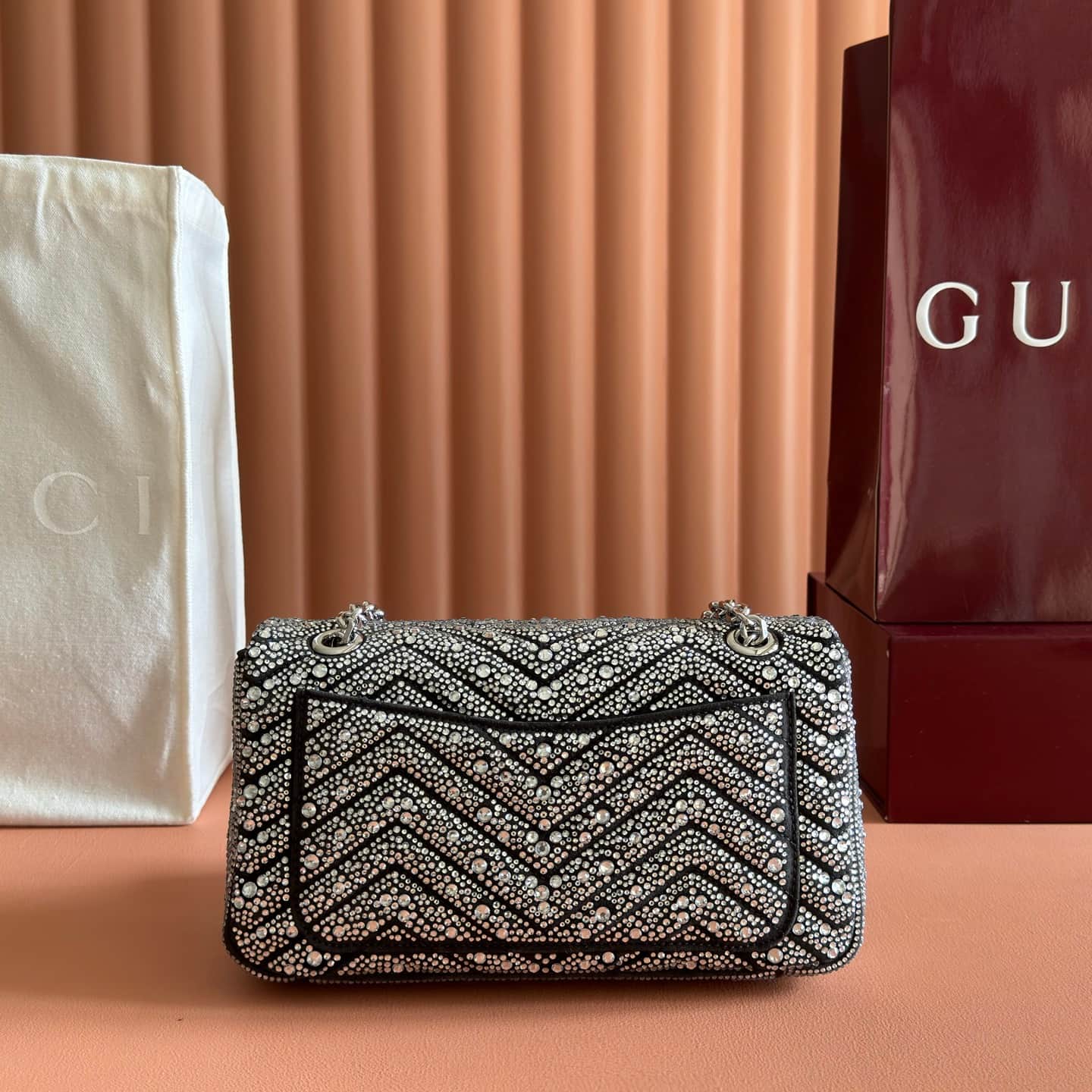 Gucci GG Marmont Shoulder Bag Black / Crystal 837267 High