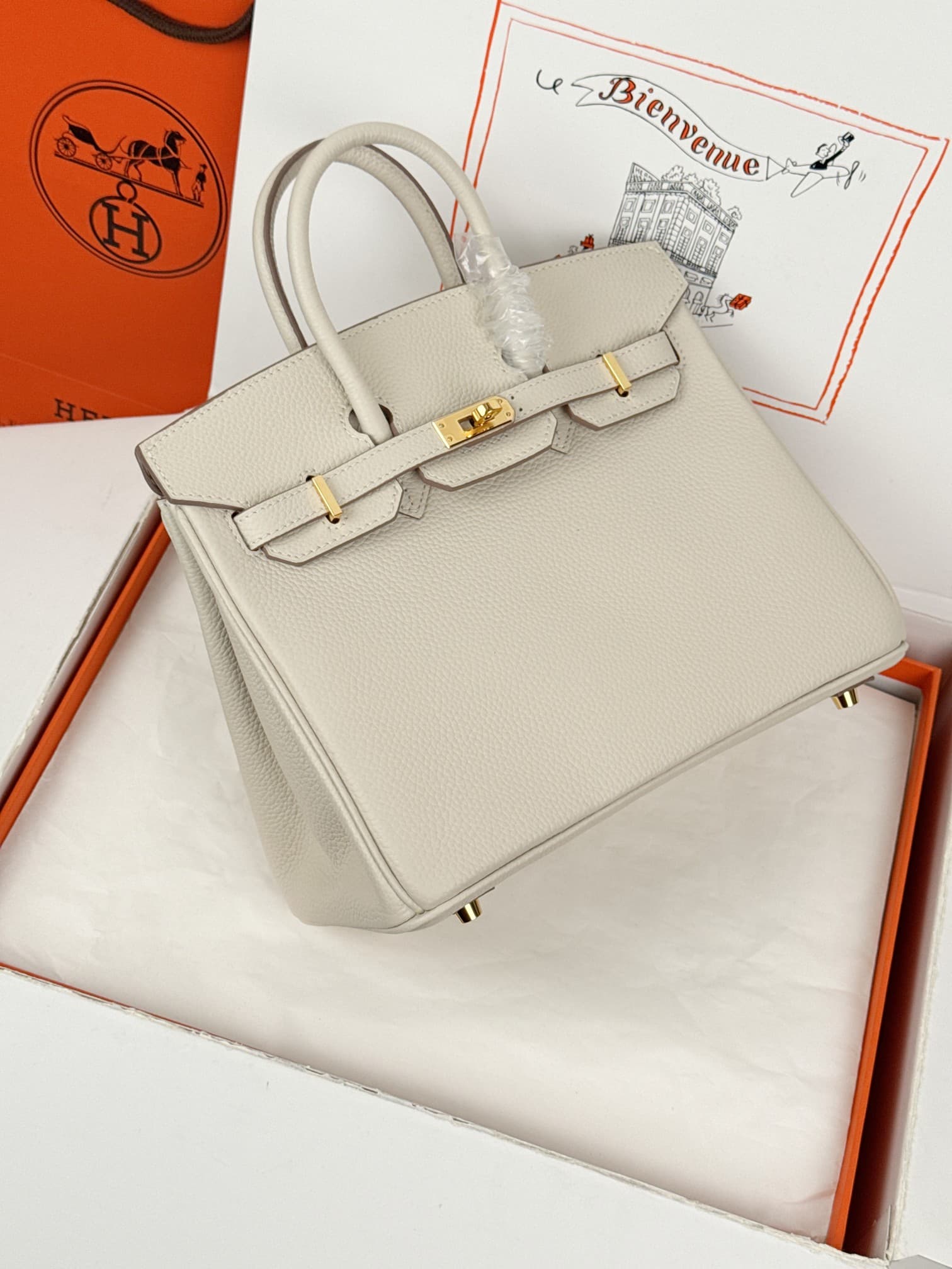 Hermes Birkin 25/30 Bag Togo Calfskin Leather Craie High