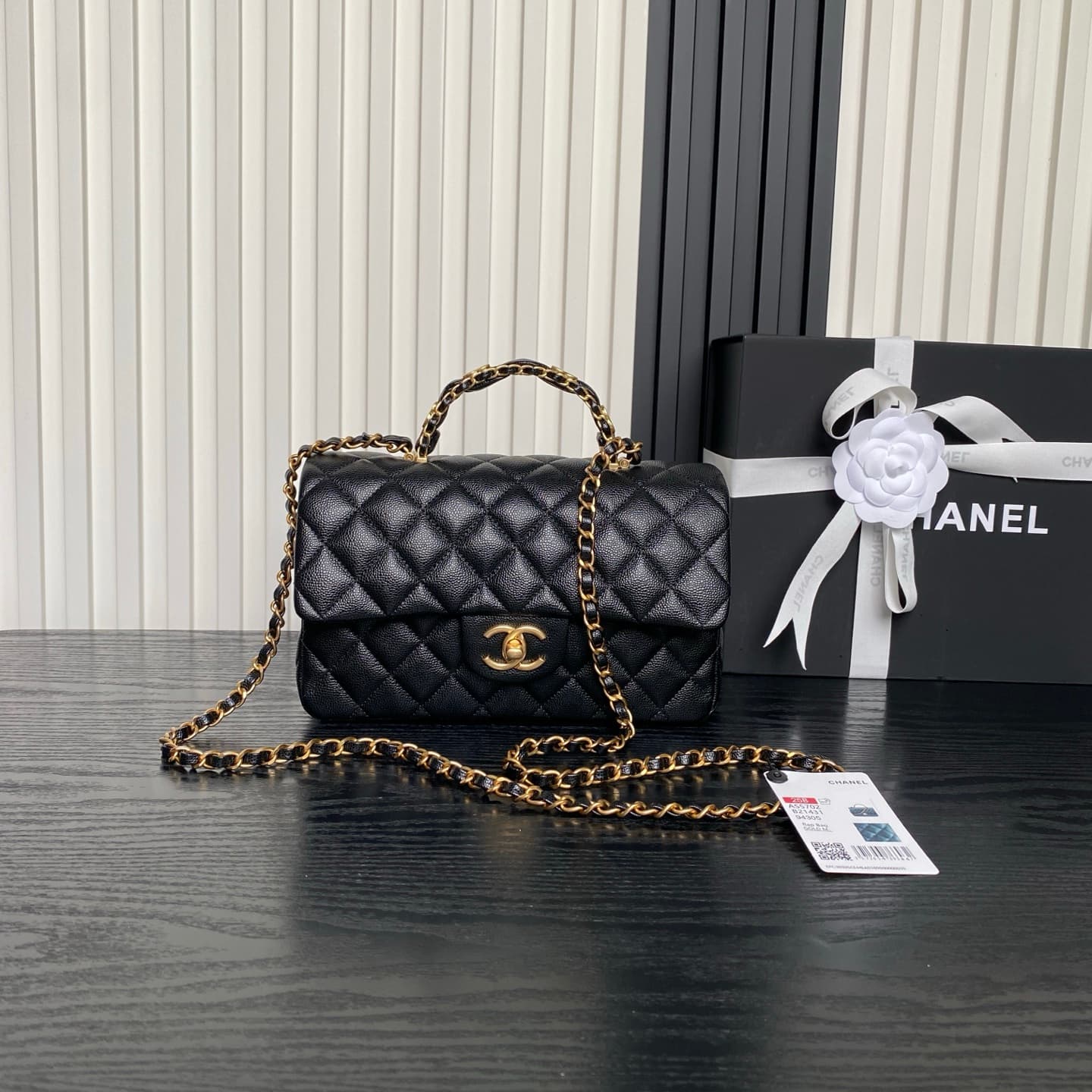 Chanel Small Flap Bag with Top Handle Grained Shiny Calfskin &  Gold-Tone Metal Black AS5702 A