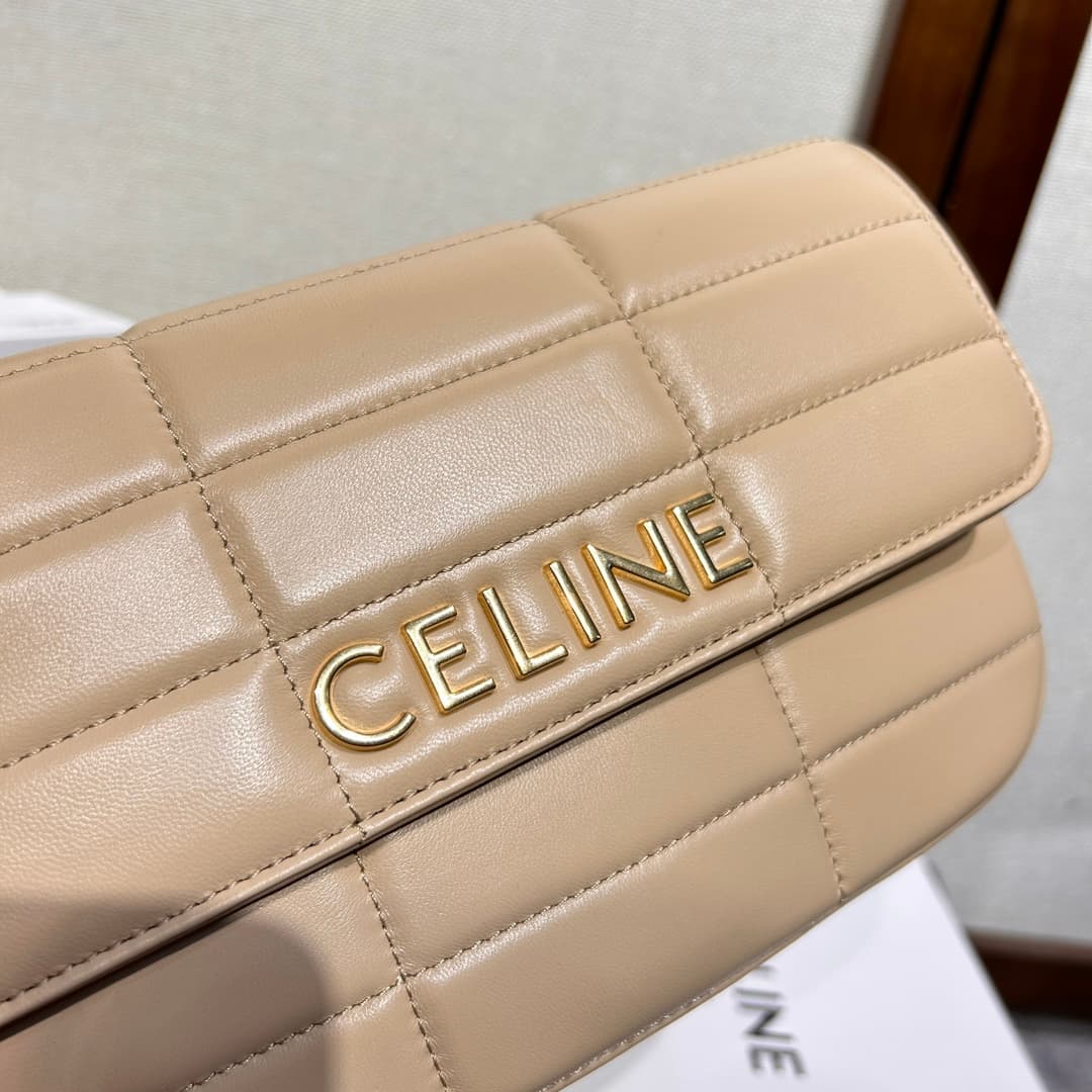 Celine Matelasse Monochrome Chain Shoulder Bag Beige High