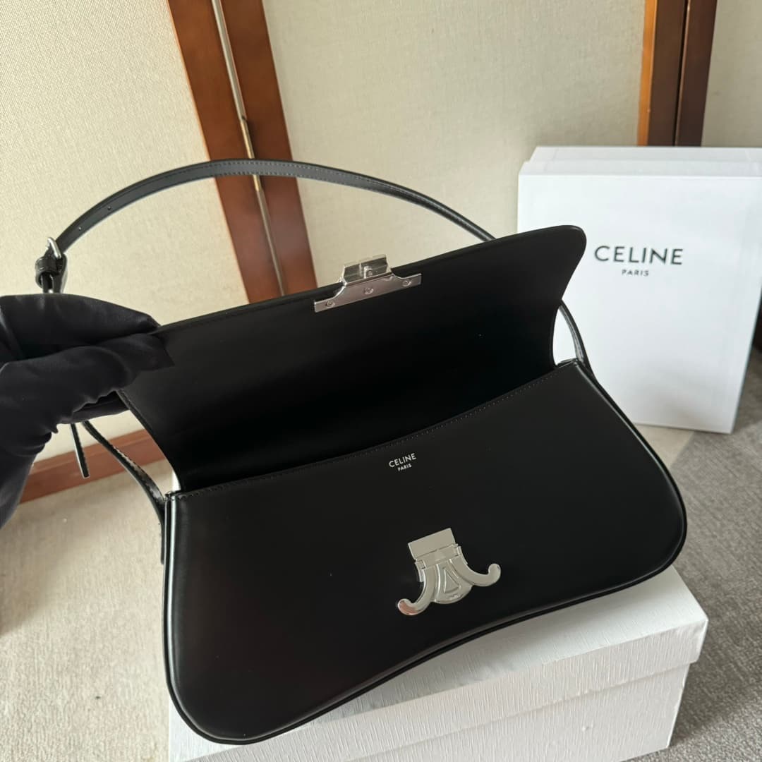 CELINE Shiny Calfskin Lola Bag in Black High