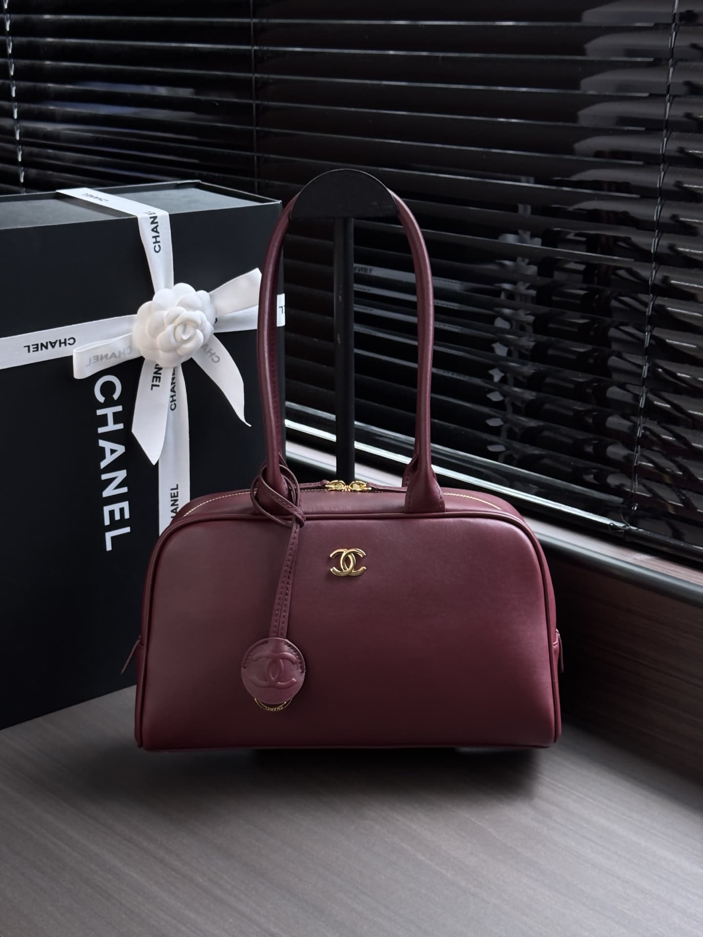 Chanel Large Bowling Bag Calfskin & Gold-Tone Metal Burgundy AS6580 High