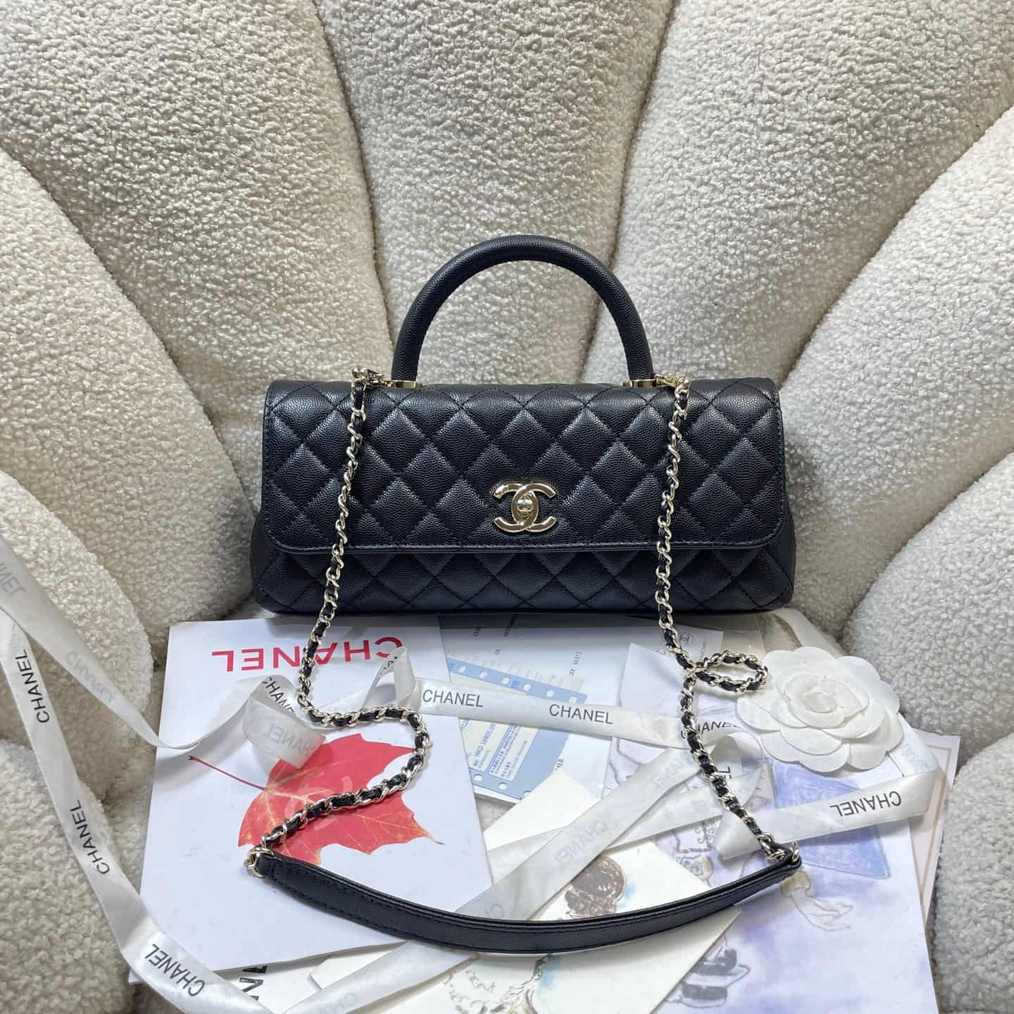 Chanel Maxi Flap Bag with Top Handle Grained Calfskin& Gold-Tone Metal AS6091 Black A
