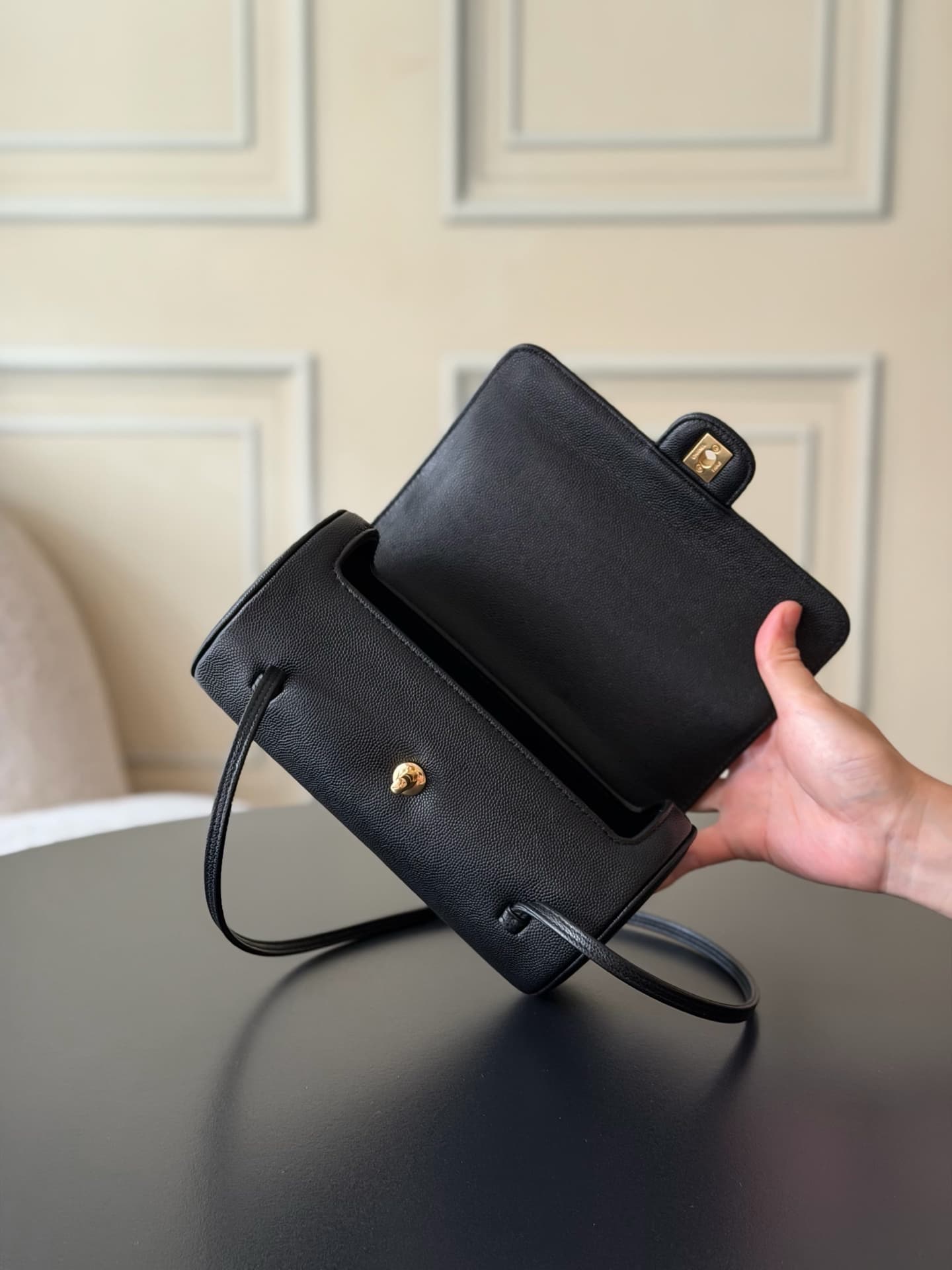 Chanel Small Bowling Bag Grained Shiny Calfskin & Gold-Tone Metal AS6143 Black High