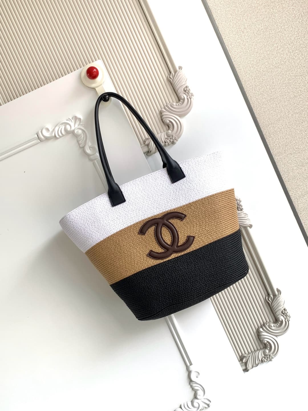Chanel Coco Beach Shopping Bag Raffia & Calfskin White, Dark Beige & Black A