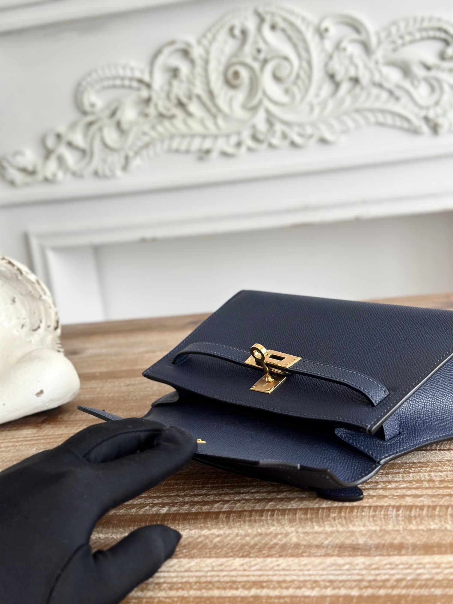Hermes Kelly Pochette Bag Epsom Leather Silver/Gold Metal Bleu Saphir WAX High