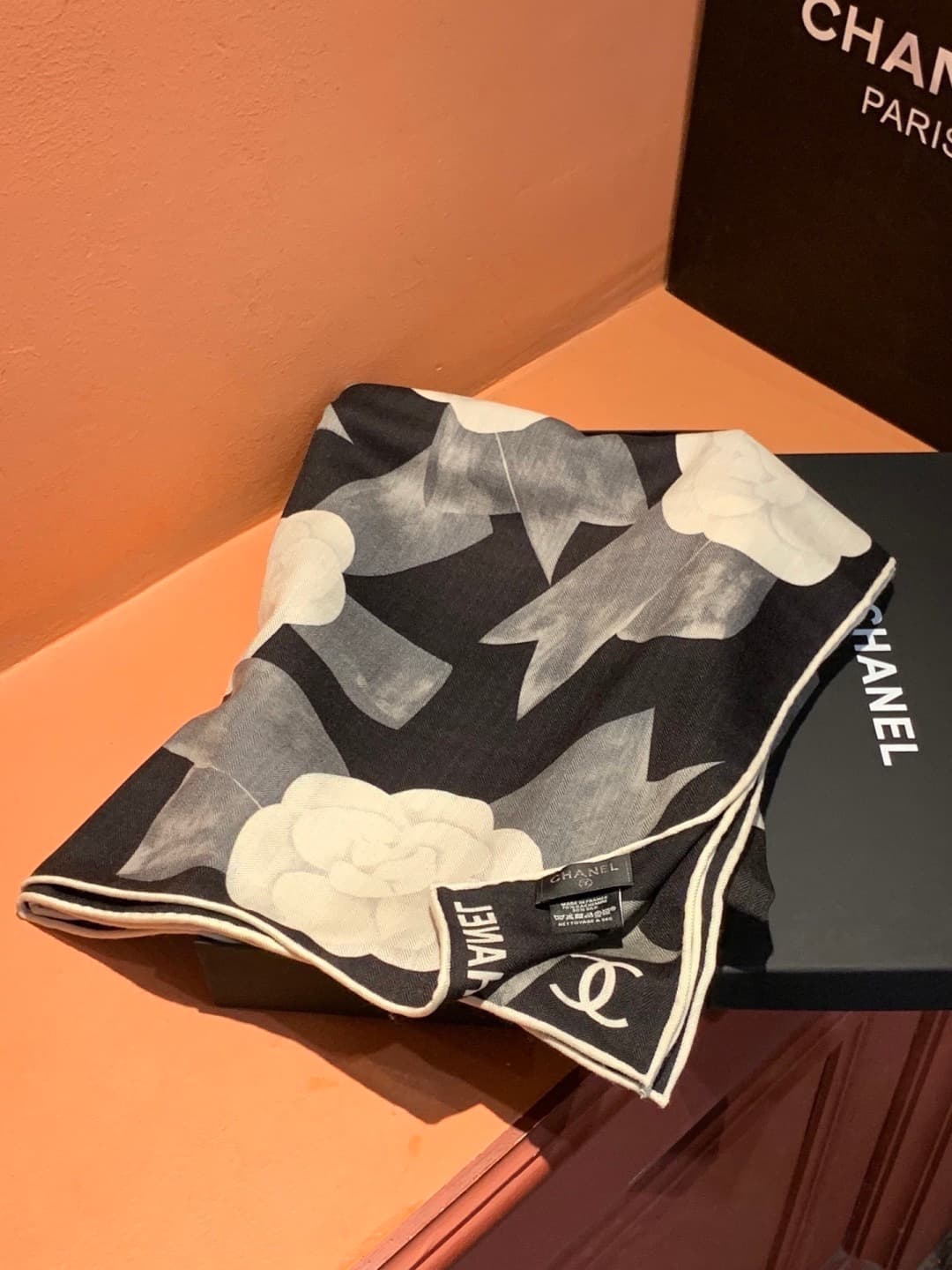 Chanel camellia and ribbon print scarf